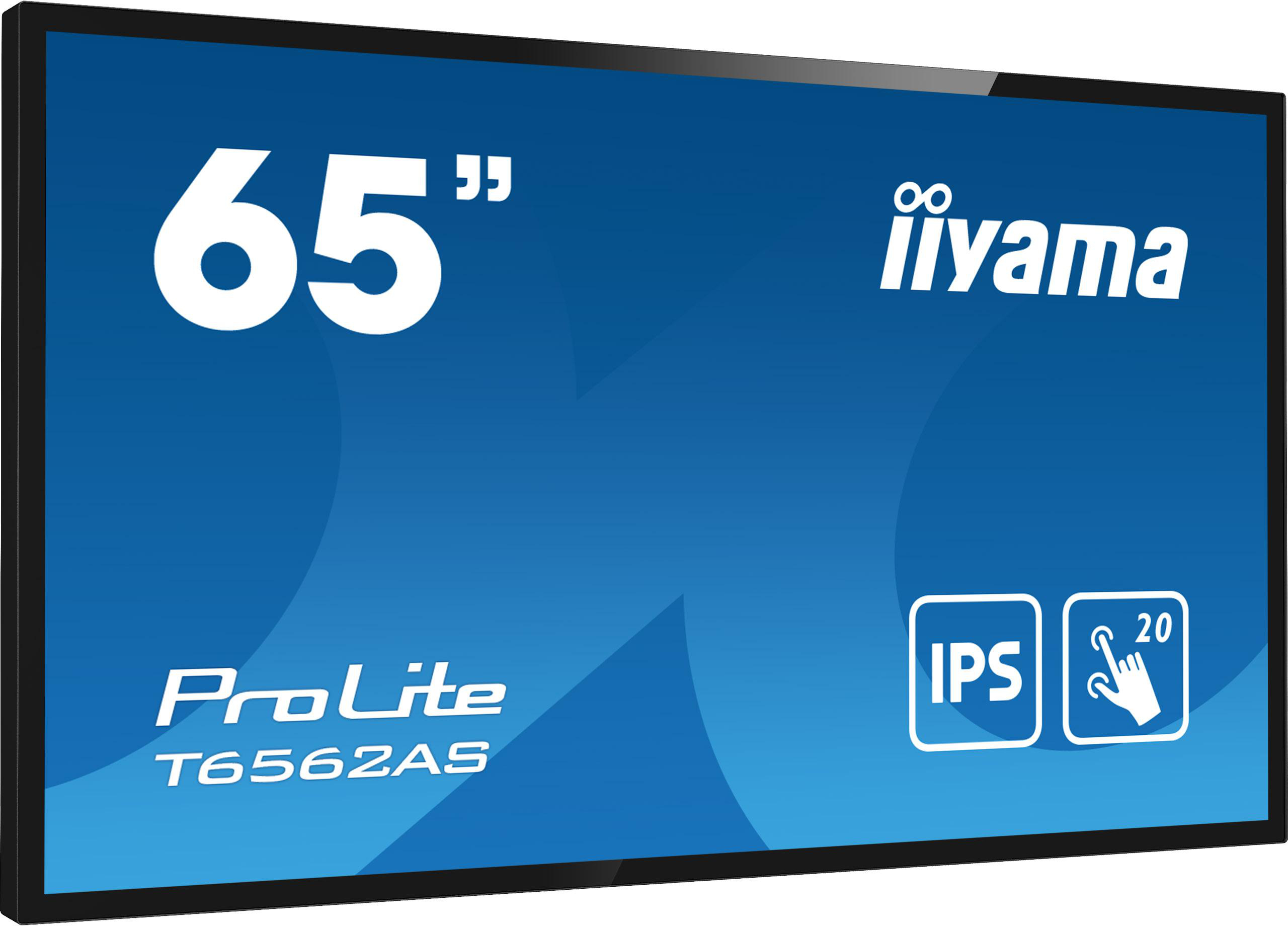 Ein 65-Zoll iiyama ProLite T6562AS Touchscreen-Display auf blauem Hintergrund.