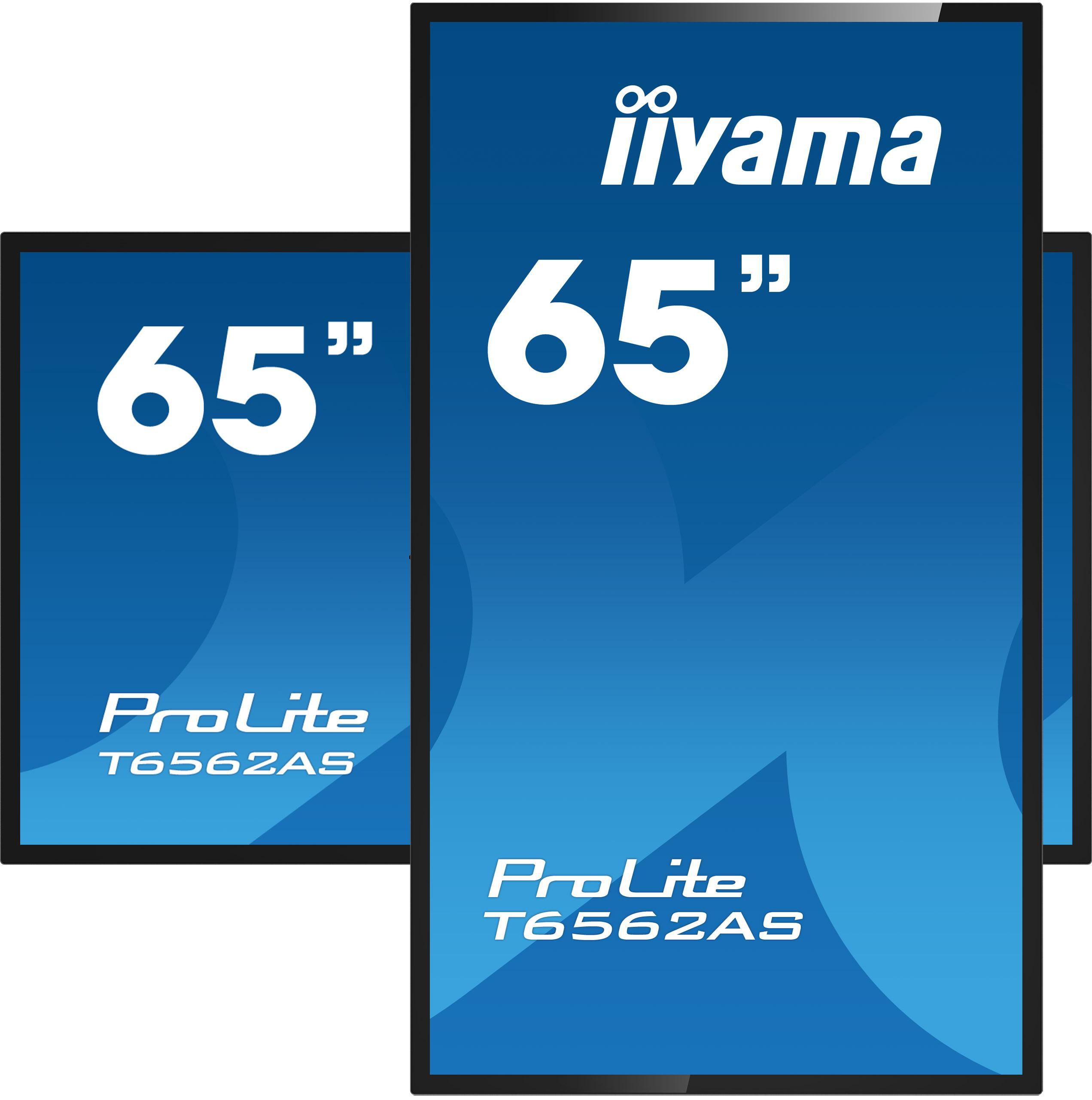 Drei 65-Zoll-iiyama ProLite-Bildschirme. Der mittlere Bildschirm ist vertikal.