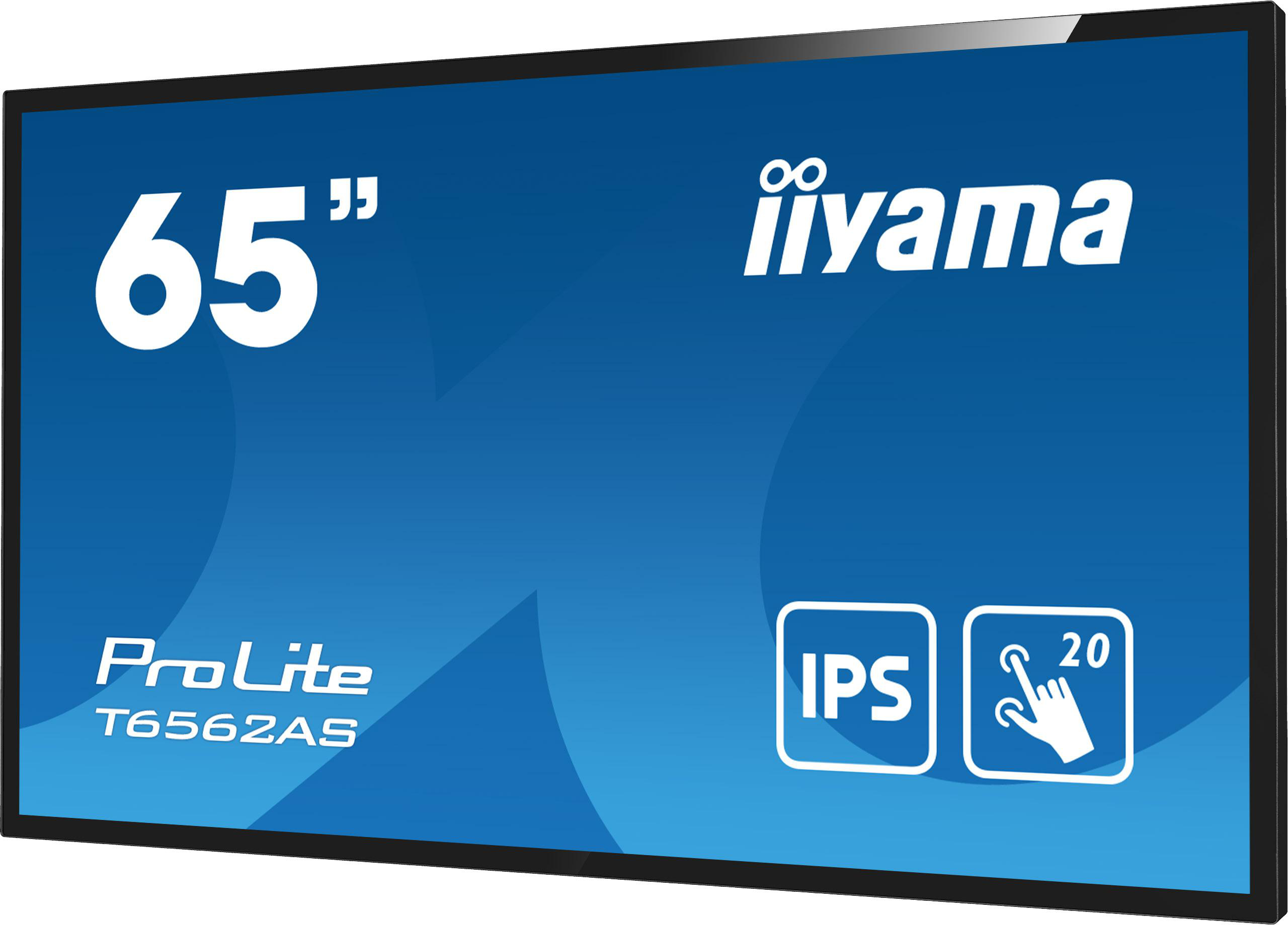 Ein 65-Zoll iiyama ProLite Monitor. Der Bildschirm zeigt den Markennamen und Funktionen vor blauem Hintergrund.