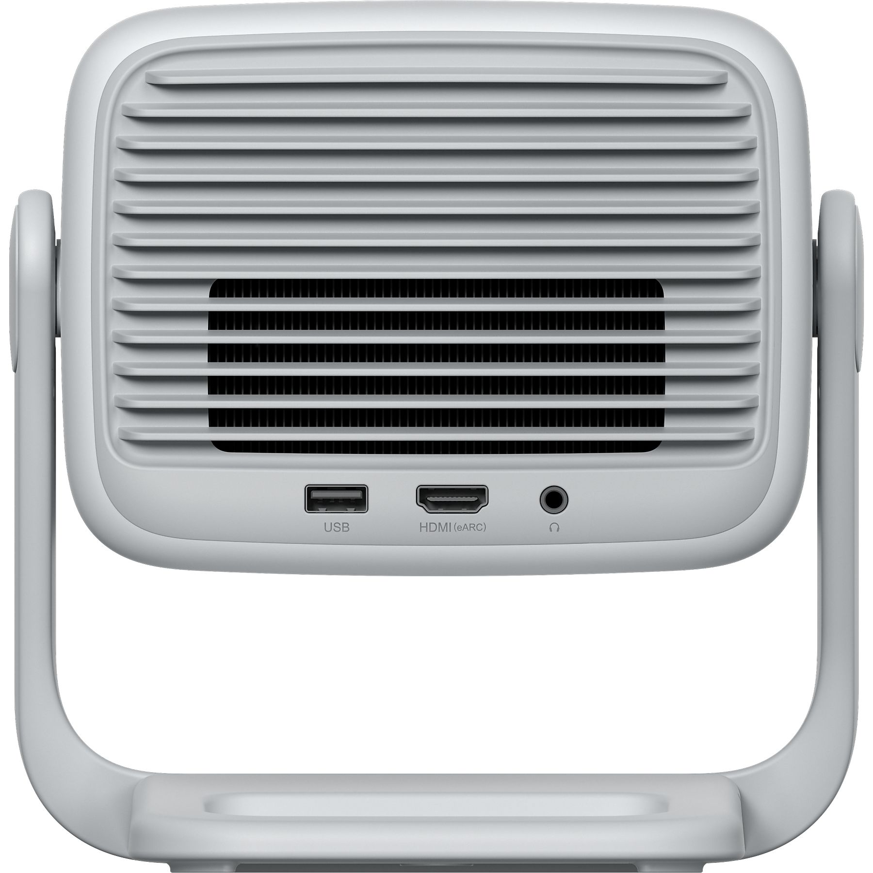 Een lichtgrijze projector met een ventilatorachtige grill. Het heeft poorten voor USB, HDMI en audio. Het heeft een gebogen standaard.