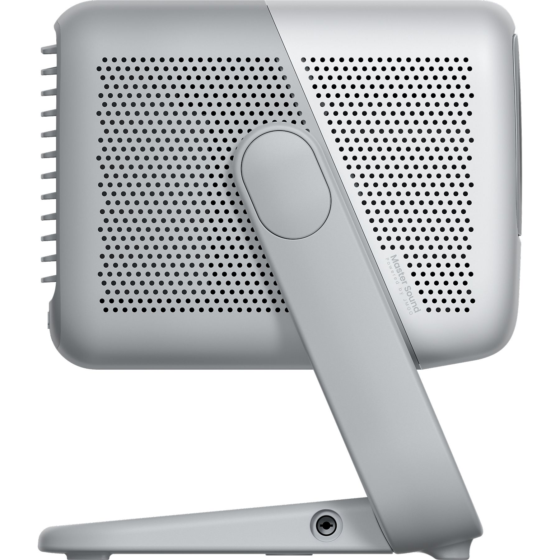 Een zilveren luidspreker met een geperforeerde voorkant. Het heeft een standaard en een draaiarm. Master Sound staat erop.