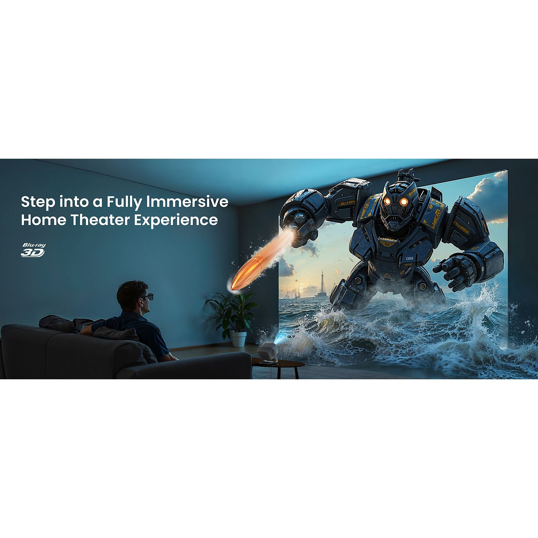 Een man bekijkt een 3D-film geprojecteerd op een scherm. Een robot komt uit het water. Een kogelvormig object komt uit.