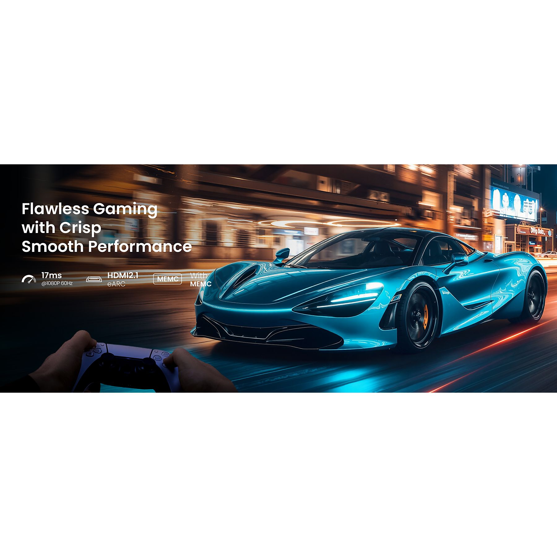 Een blauwe sportwagen scheurt 's nachts door een stad. Persoon houdt controller vast. Tekst: Perfect gamen.