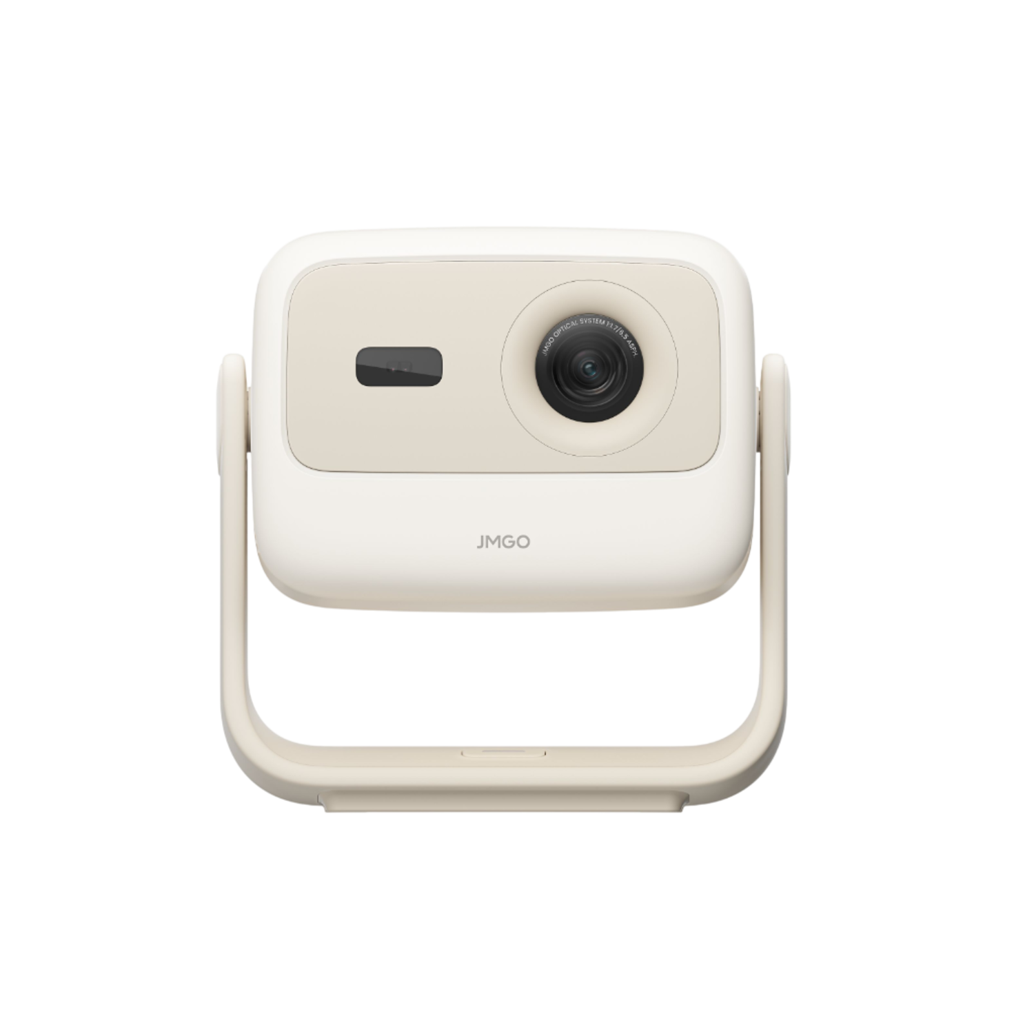 Een witte en beige projector met een handvat. Het heeft een lens en een rechthoekige sleuf. De merknaam JMGO is zichtbaar.