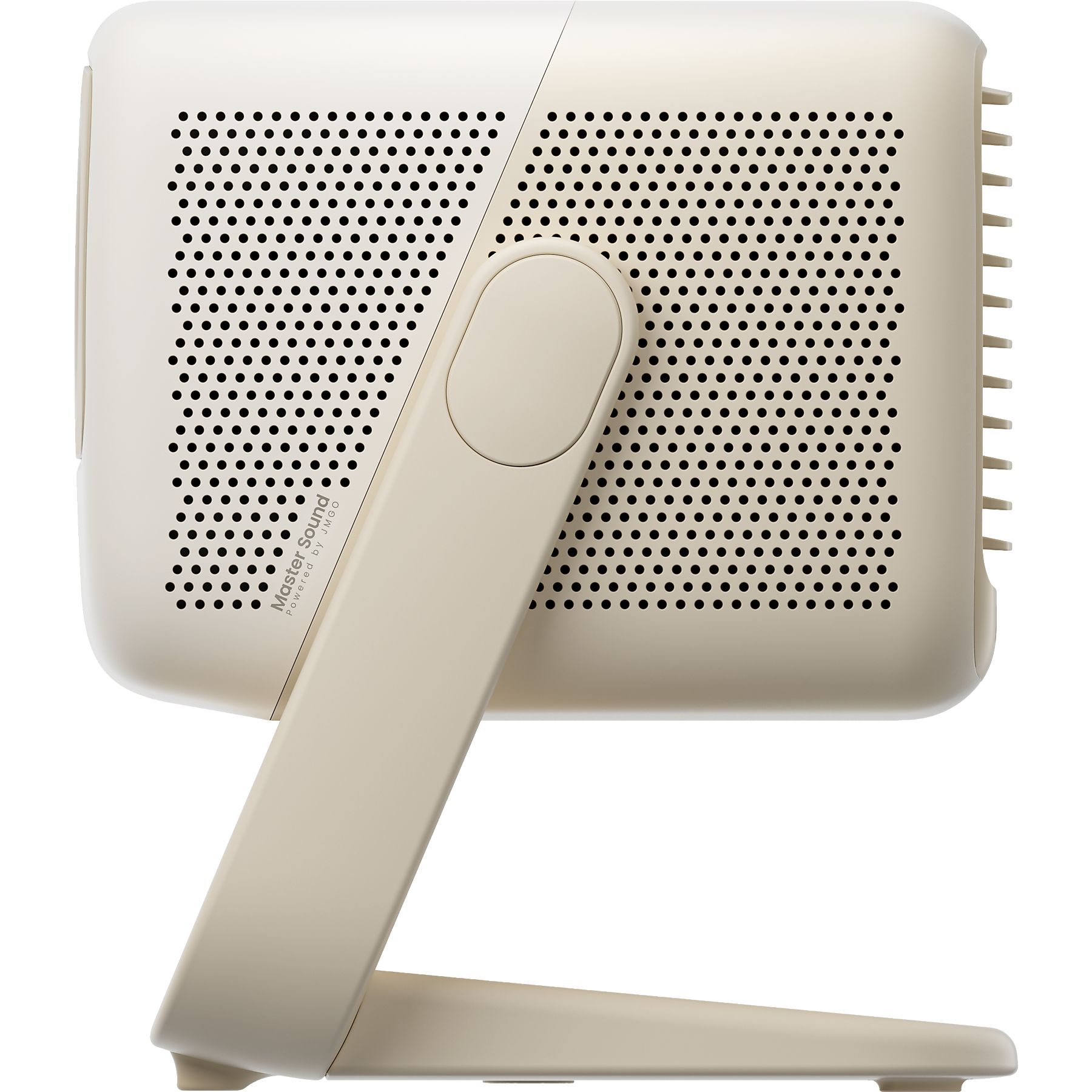 Beige luidspreker met geperforeerde voorkant. Hij staat schuin op een standaard. De luidspreker heeft een merknaam.