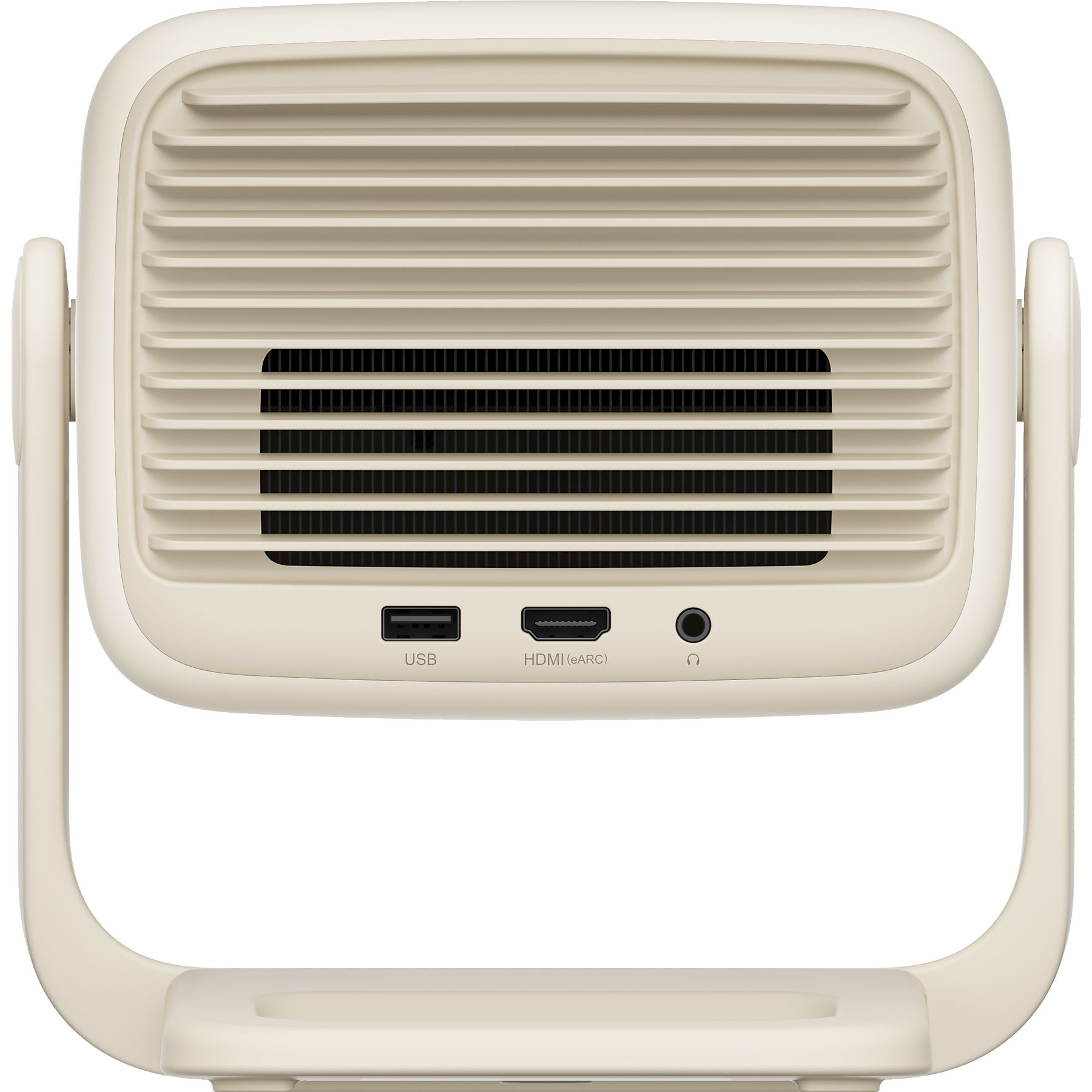 Crèmekleurige projector met ventilatieopeningen, USB, HDMI en koptelefoonpoorten. Gebogen standaard.