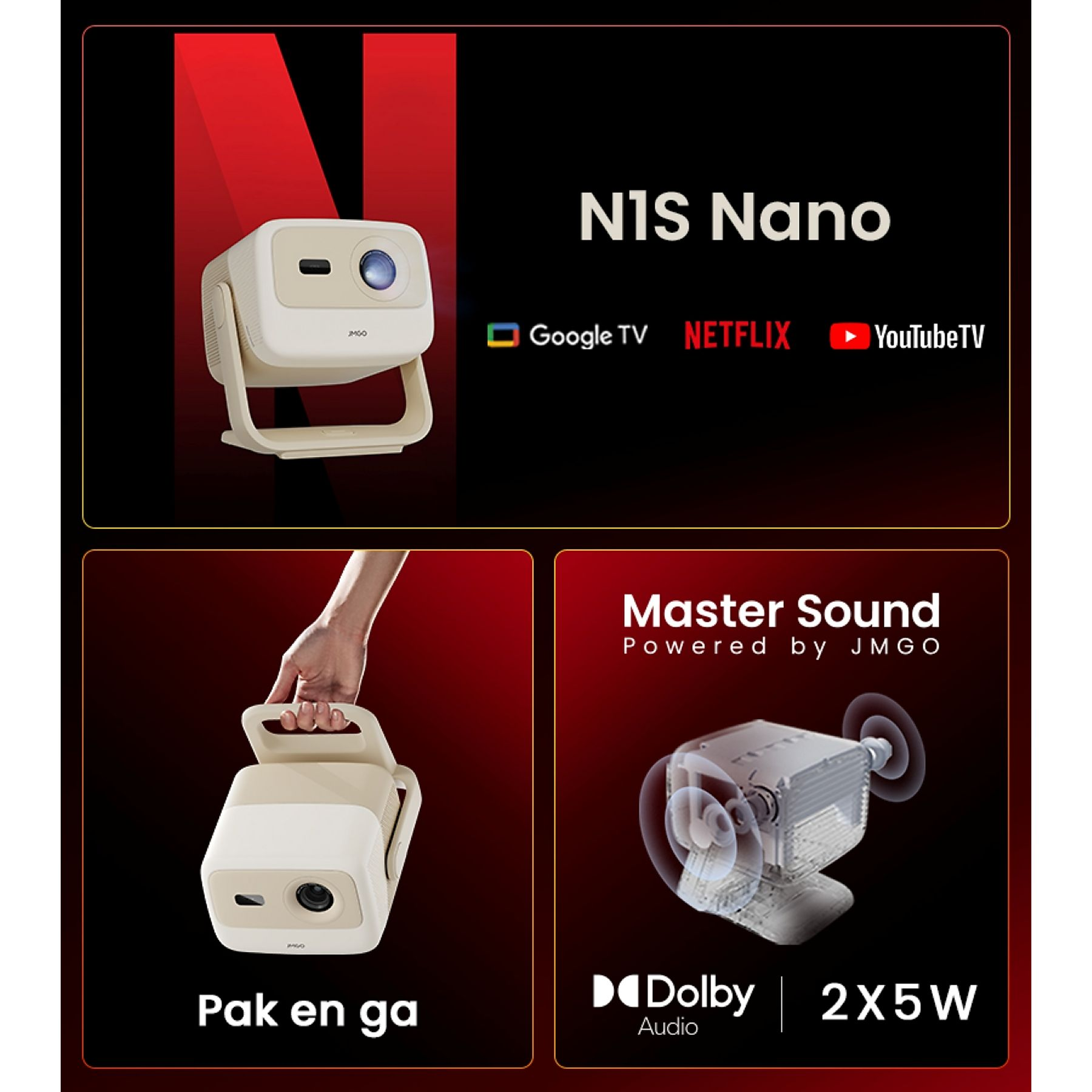 Afbeelding toont een crèmekleurige projector. Het heeft een handvat en is gemarkeerd met 'N1S Nano' en 'Pak en ga'. Ook Netflix- en YouTube-logo's.