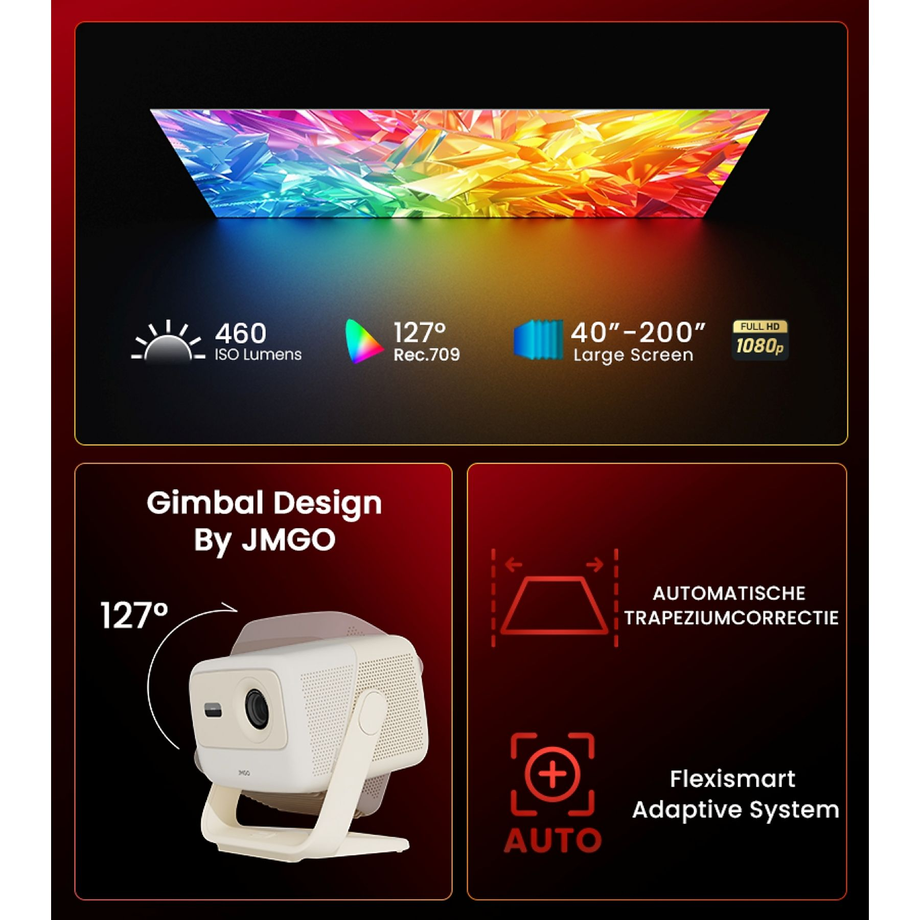 Afbeelding toont een projector met functies zoals 460 ISO lumen, 127°, 40"-200" scherm en Full HD 1080p. Het heeft een gimbal ontwerp.
