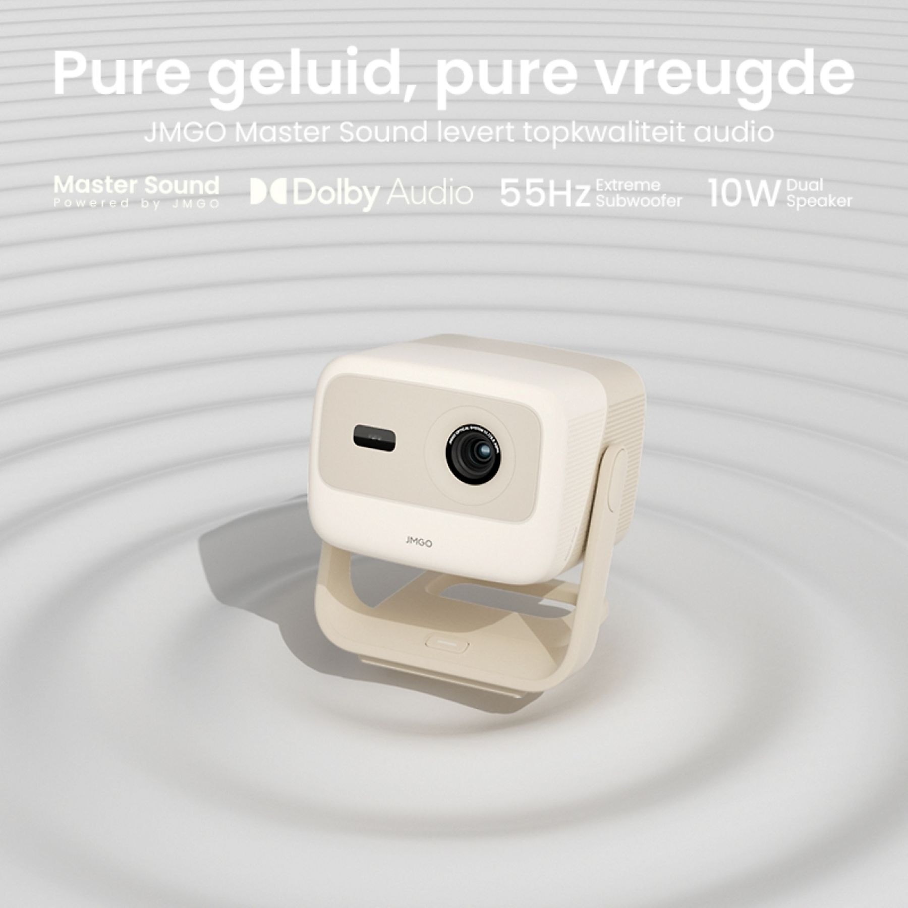 Een crèmekleurige projector op een standaard. Tekst omvat 'Pure geluid, pure vreugde' en 'Master Sound'.
