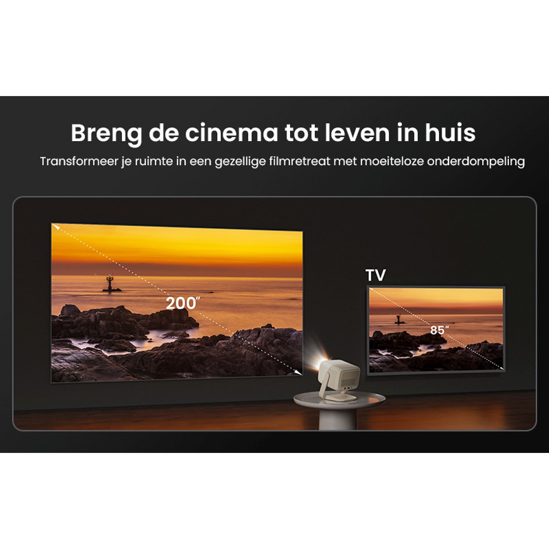 Afbeelding toont een thuisbioscoopopstelling met twee schermen, een projector en tekstoverlay. De schermen tonen een zonsondergang.