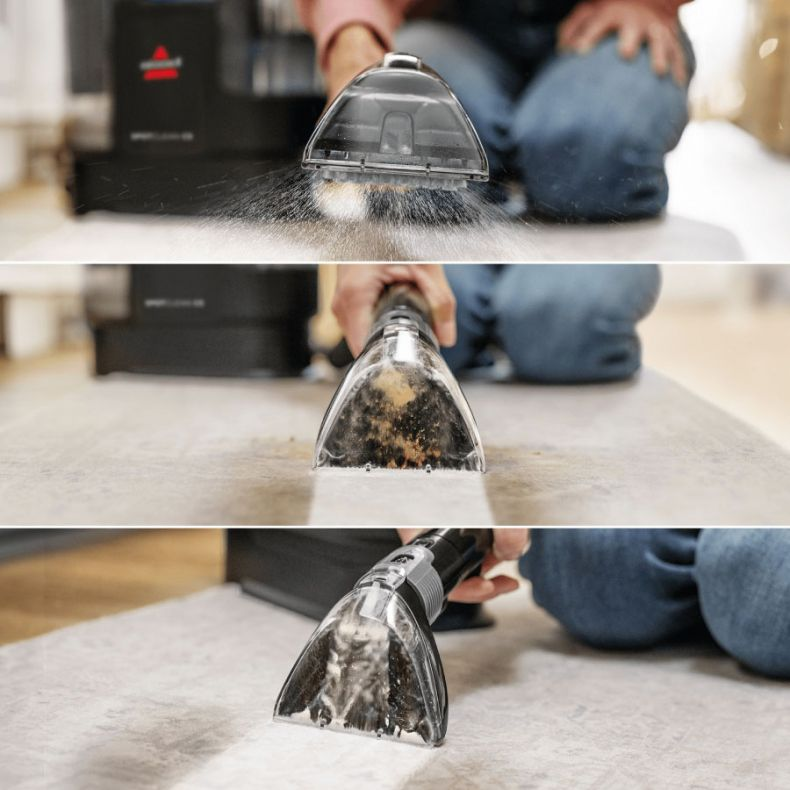 Trzy sekwencyjne obrazy pokazujące odkurzacz do dywanów w akcji, usuwający plamy z powierzchni.