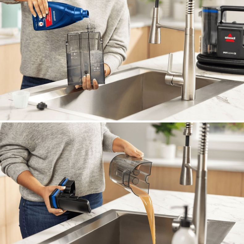 Dwa obrazy pokazują napełnianie i opróżnianie odkurzacza Bissell do zlewu.