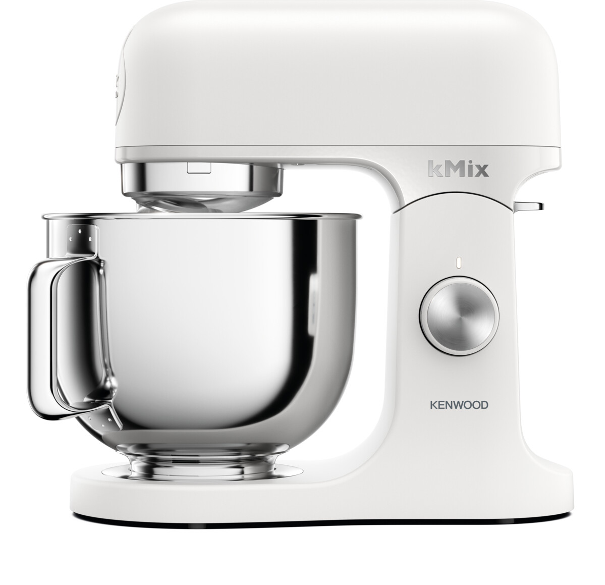 Biały mikser stojący Kenwood Kmix na białym tle, widok z boku.