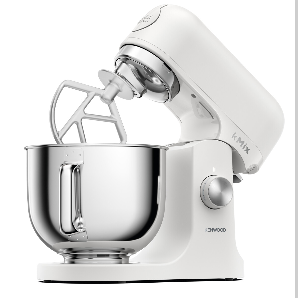 Biały mikser kuchenny ze stalową misą. Marka Kenwood.
