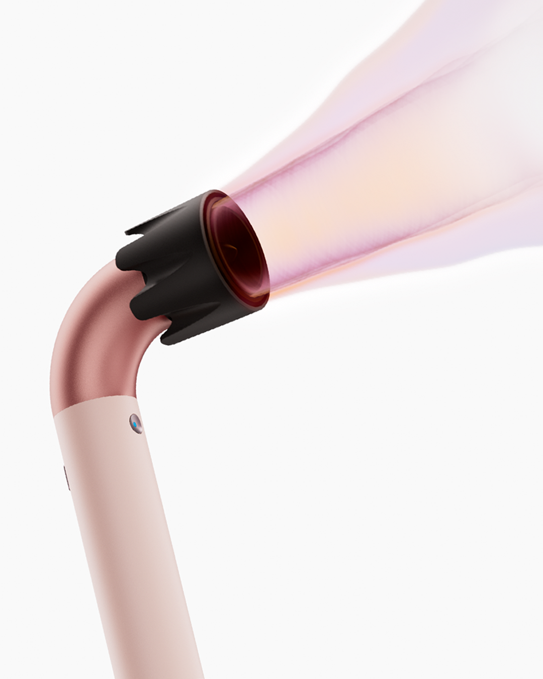 Una herramienta rosa para peinar el cabello con punta negra. La herramienta está en ángulo y emite una columna de humo.