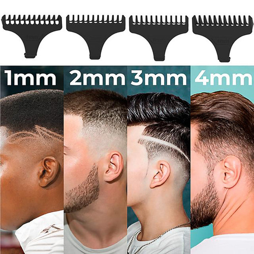 Maszynka do strzyżenia włosów z różnymi nasadkami grzebieniowymi i przykładami fryzur.