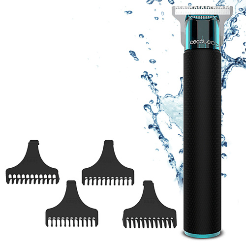 Czarna i niebieska maszynka do włosów z nasadkami i kroplami wody. Ujęcie z bliska.