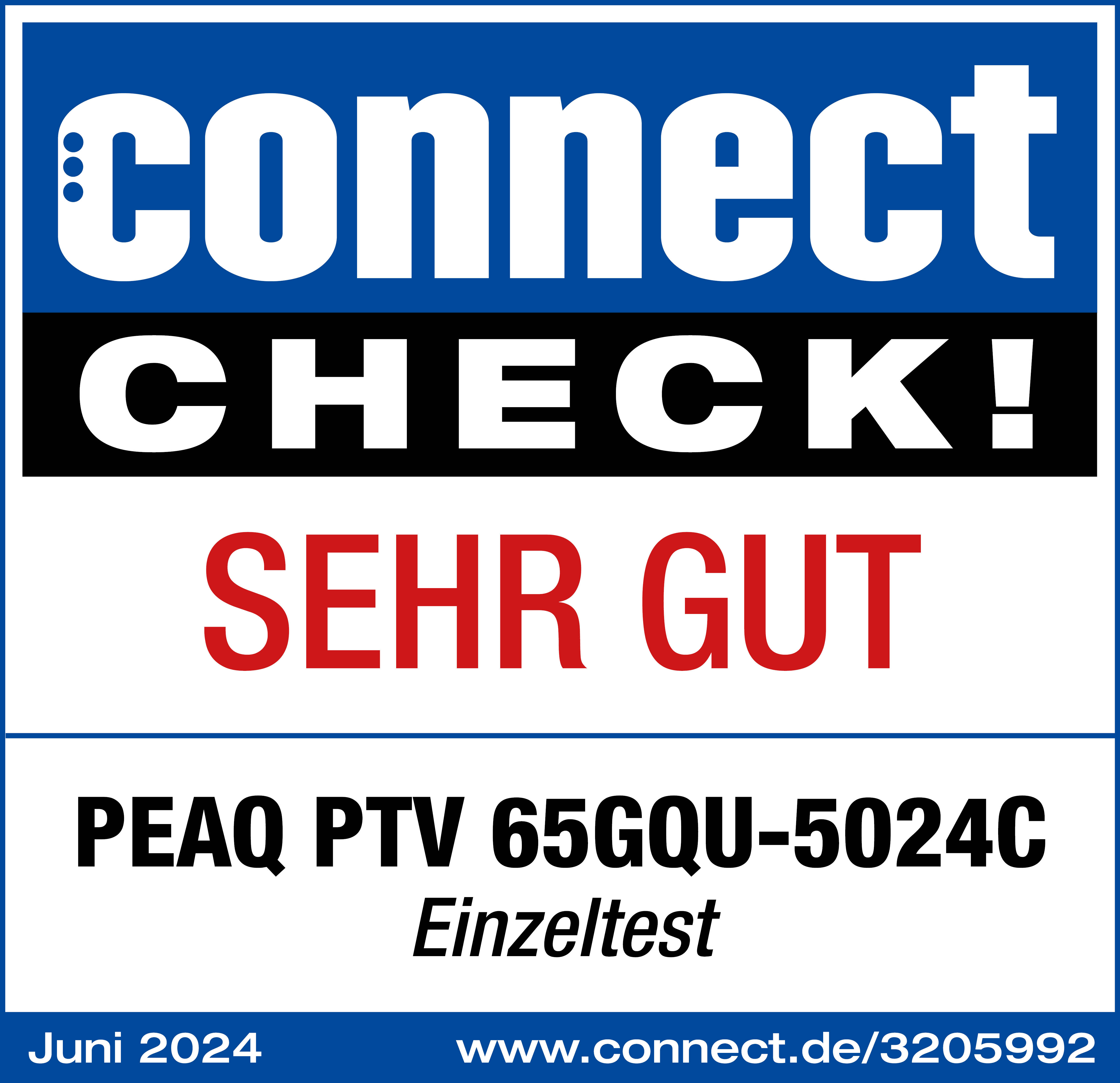 Connect Check Siegel. Text 'SEHR GUT' in Rot. 'PEAQ PTV'-Text unten. Blaue und schwarze Farben.