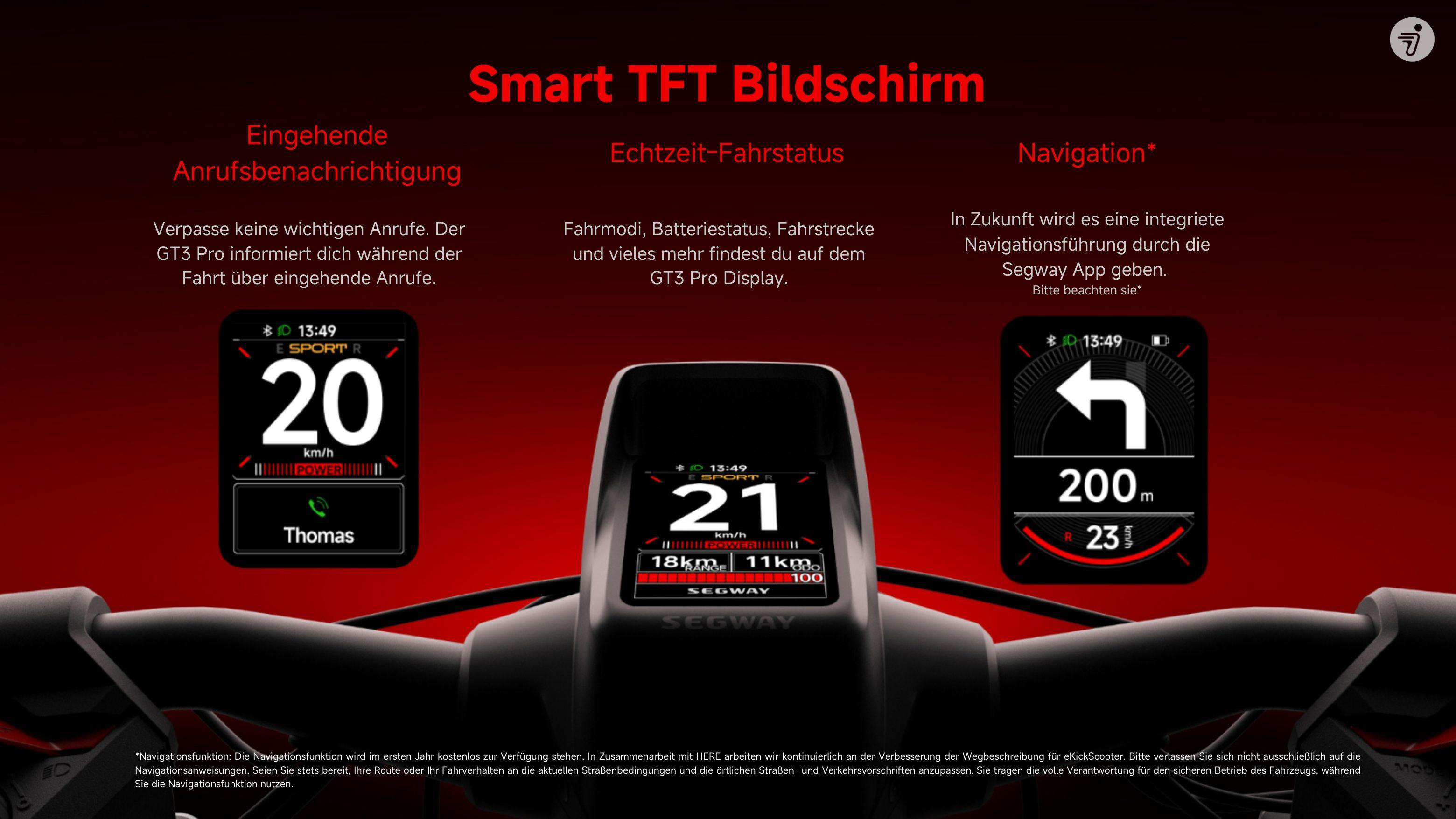 Segway-Dashboard mit Geschwindigkeit, Akku und Navigation. Informationen auf rotem Hintergrund.