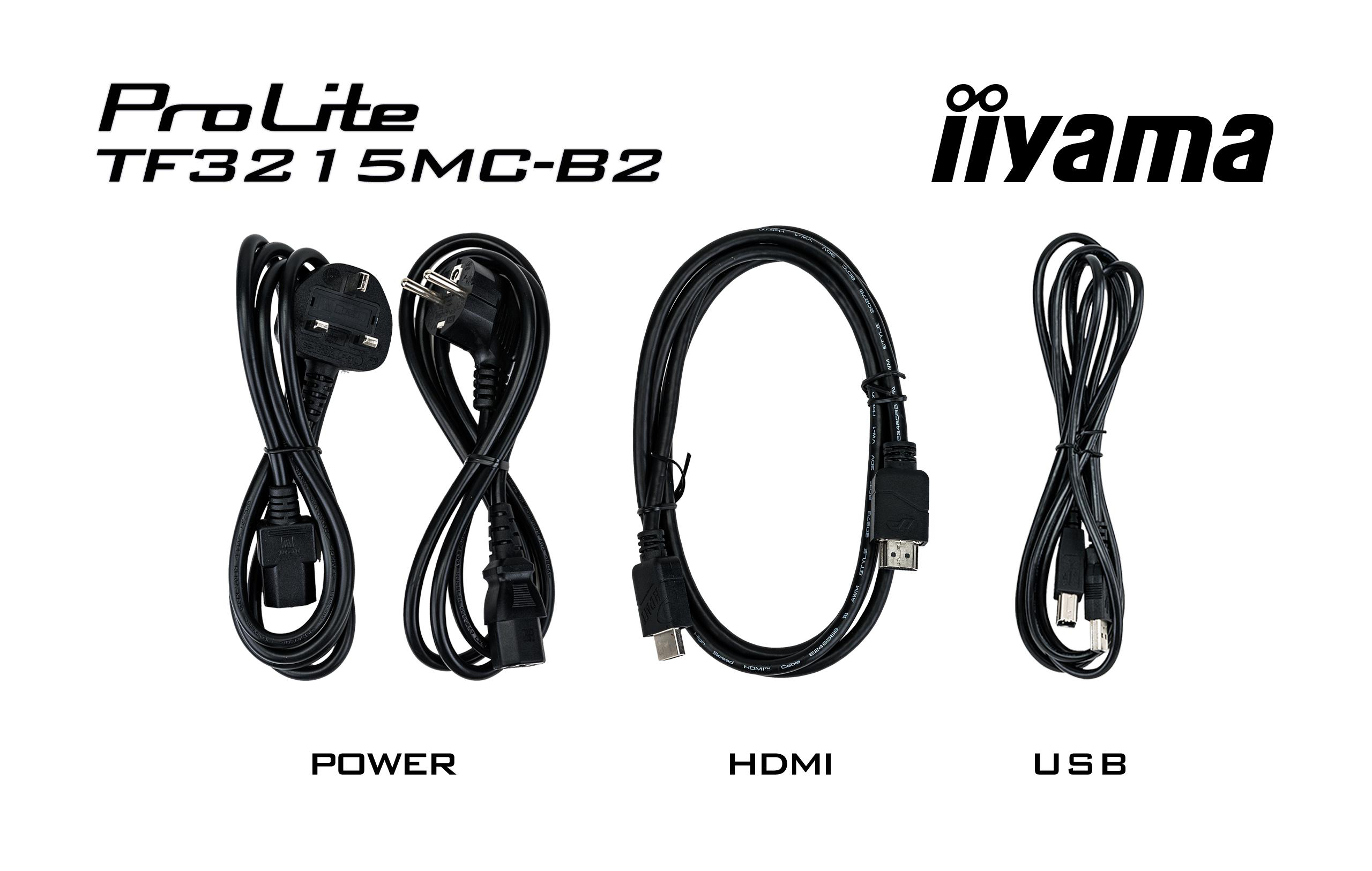 Kabel: Strom, HDMI und USB. Text: ProLite TF3215MC-B2 und iiyama. Alles auf weißem Hintergrund.