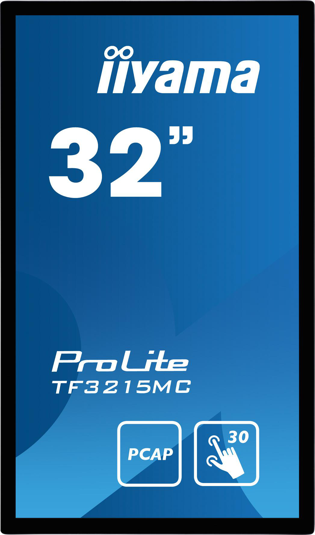 Ein blauer und weißer 32-Zoll Iiyama ProLite PCAP-Touchscreen-Monitor.