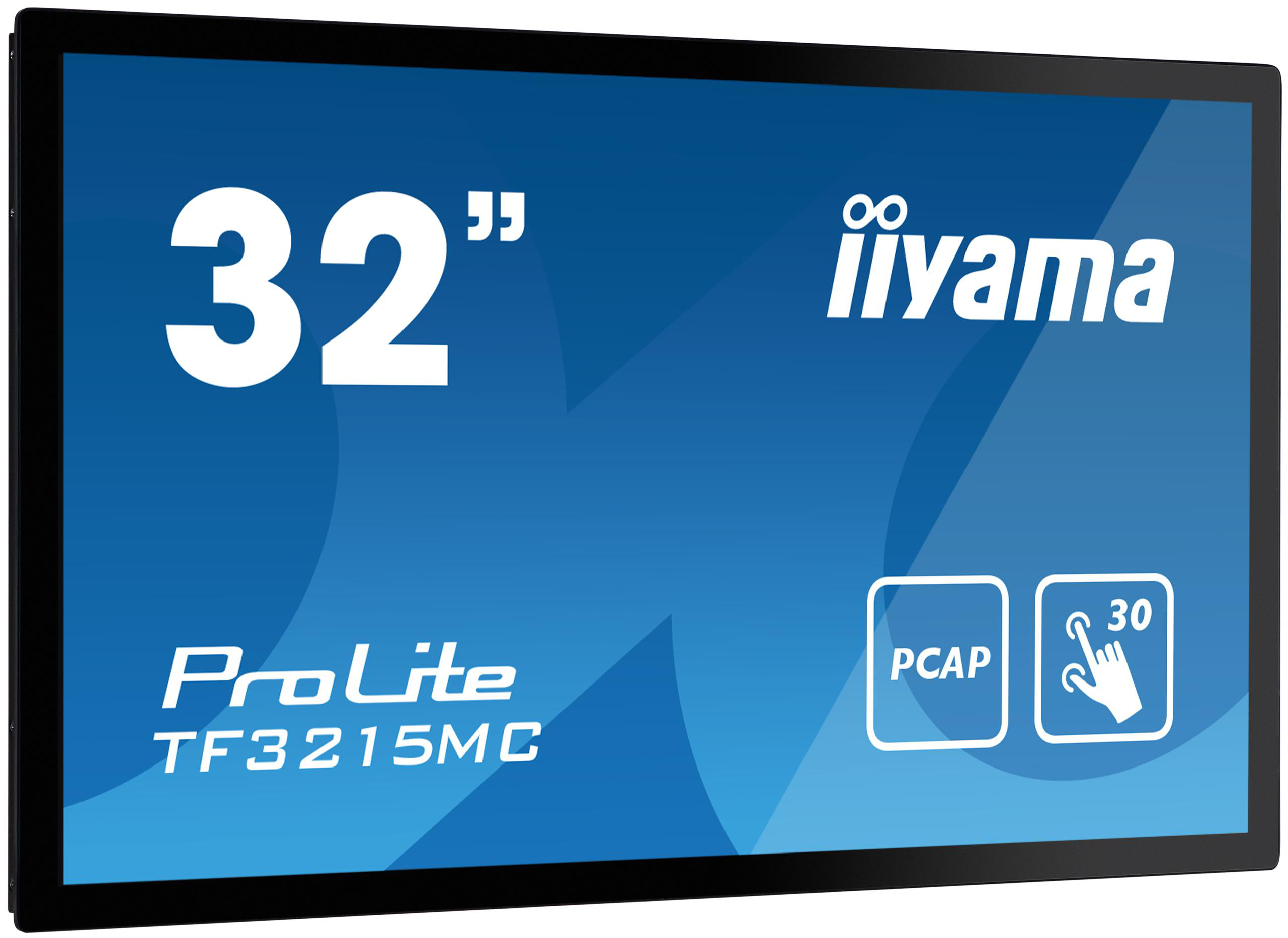 32-Zoll iiyama ProLite TF3215MC Monitor. Blauer Hintergrund, PCAP und 30 Touch-Symbole sind sichtbar.