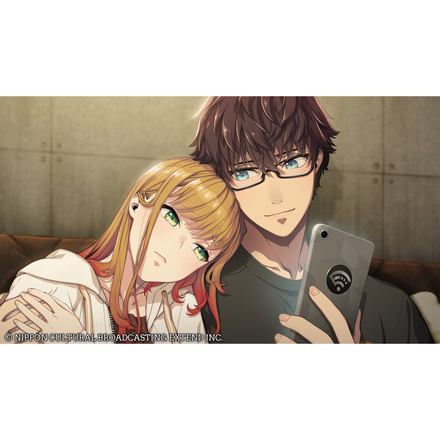 Een anime-koppel: een vrouw leunt op een man die een telefoon vasthoudt met een wifi-icoon.