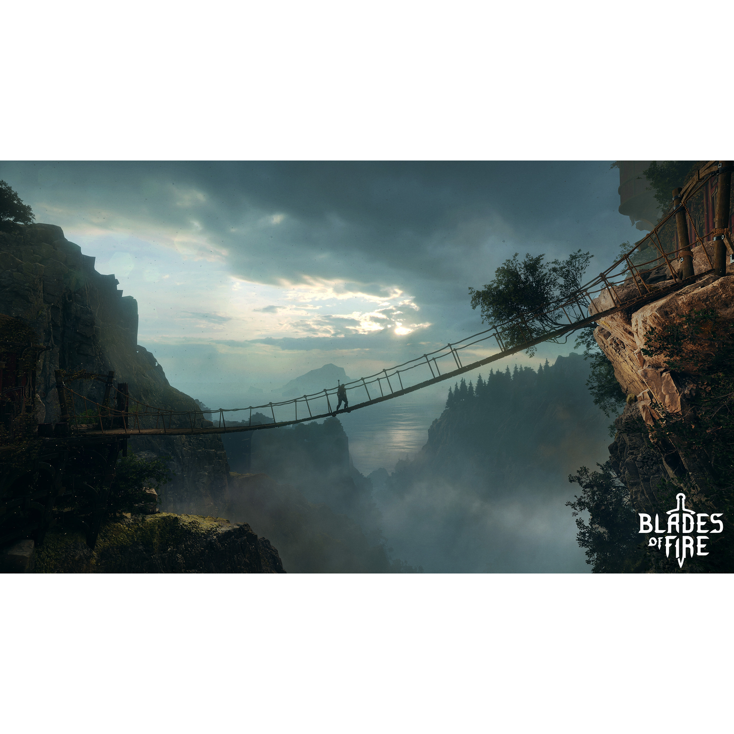 Een persoon loopt over een brug over een diepe kloof. Donkere wolken hangen boven de bergen.