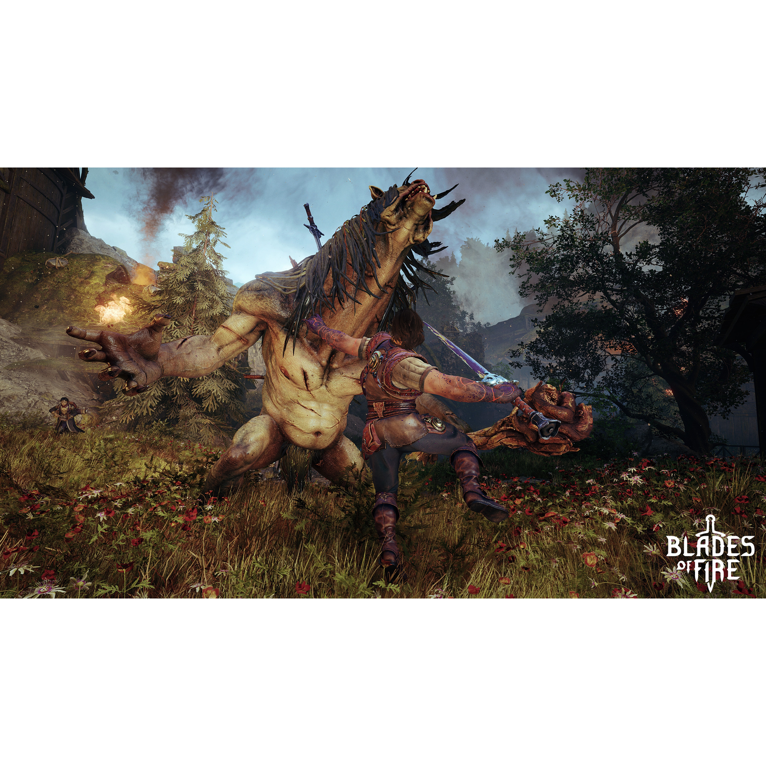 Een videogame scène met een krijger die vecht tegen een groot monster.