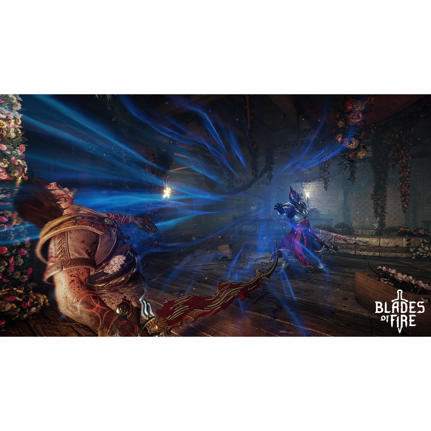 Een videogame scène met twee vechtende personages. Eén is gewond, de ander valt aan met blauwe energie.