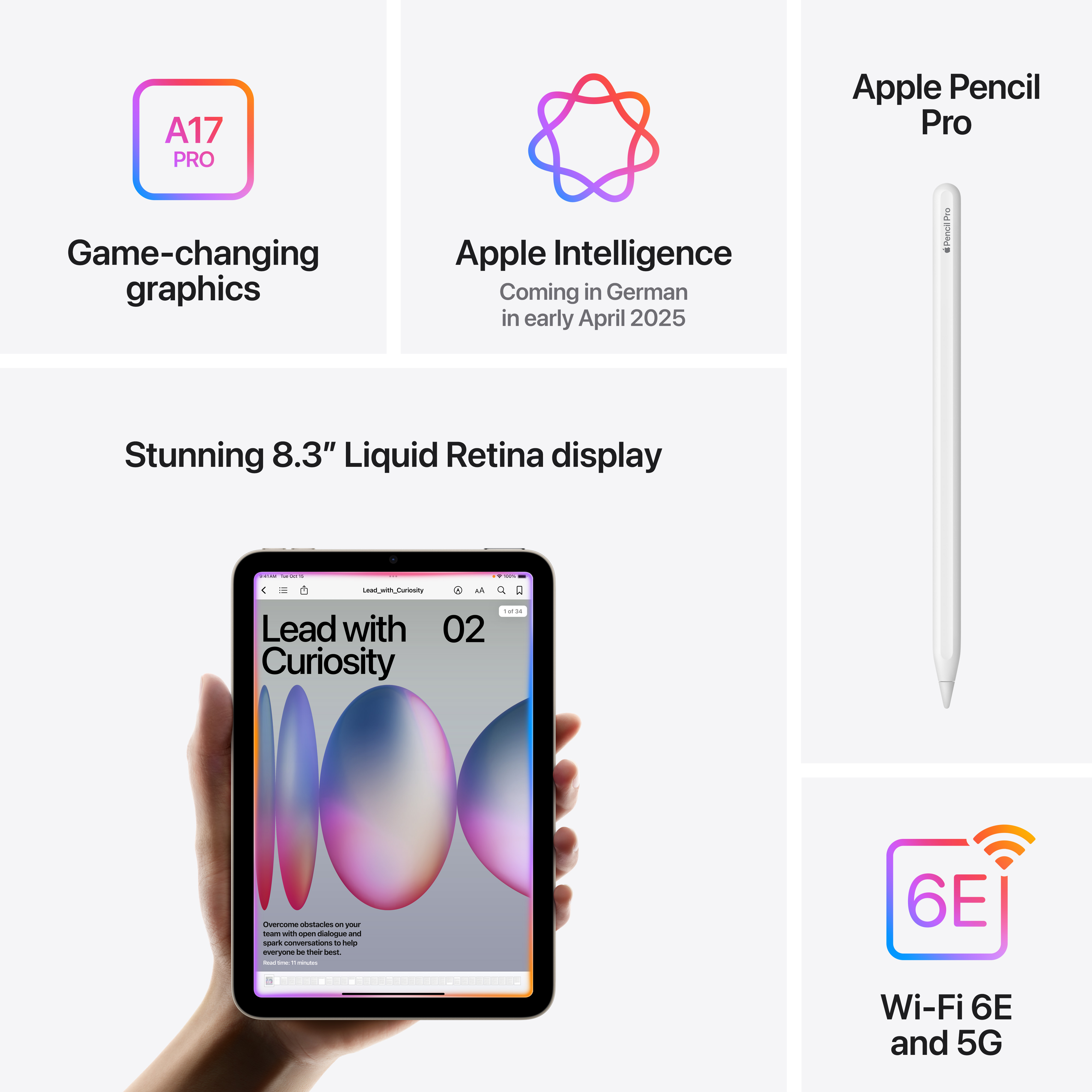 Bild mit Text über Apple-Produkte, darunter ein iPad, Apple Pencil und Wi-Fi 6E.