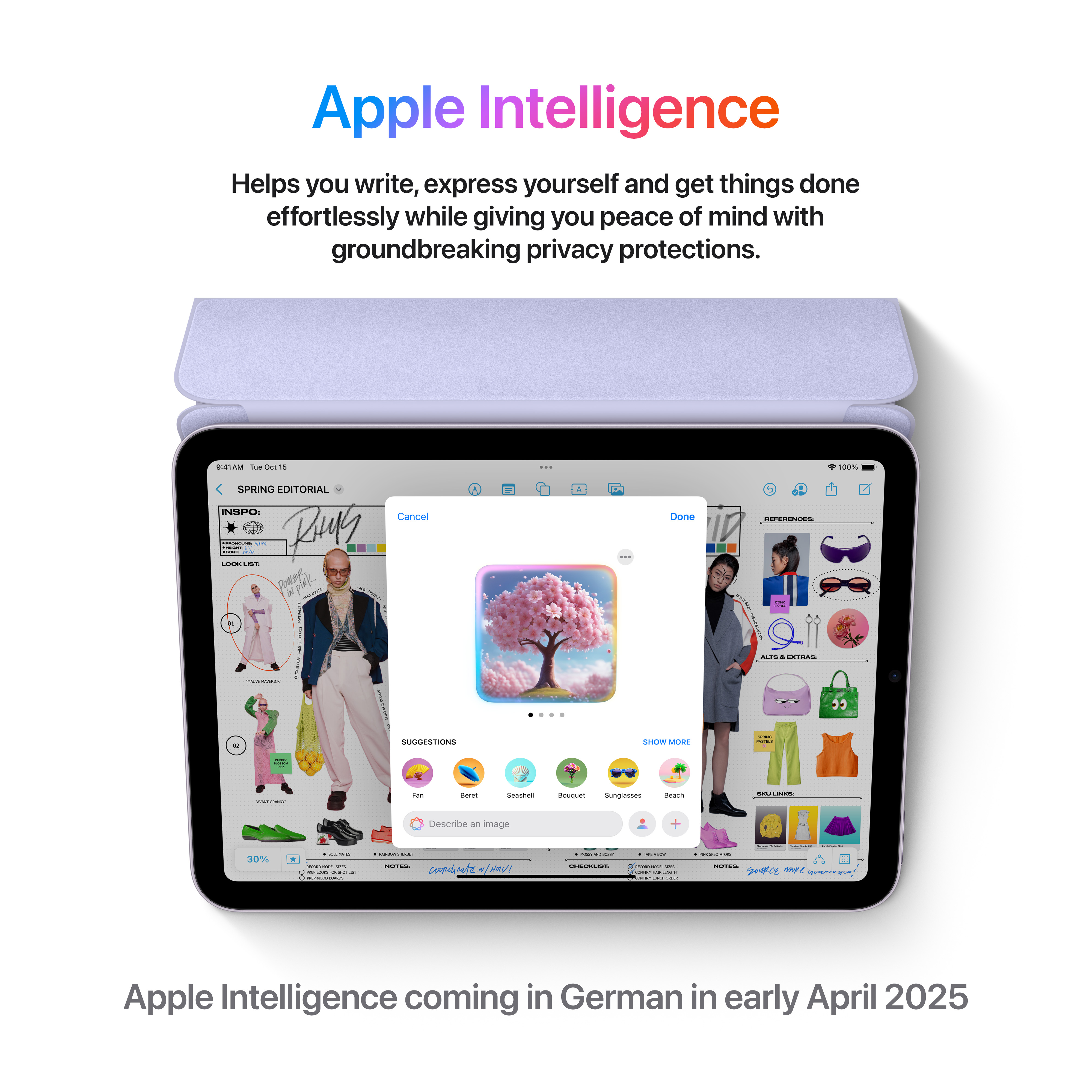 Lo schermo di un tablet mostra un'immagine con un albero rosa. Il testo 'Apple Intelligence' è sopra.