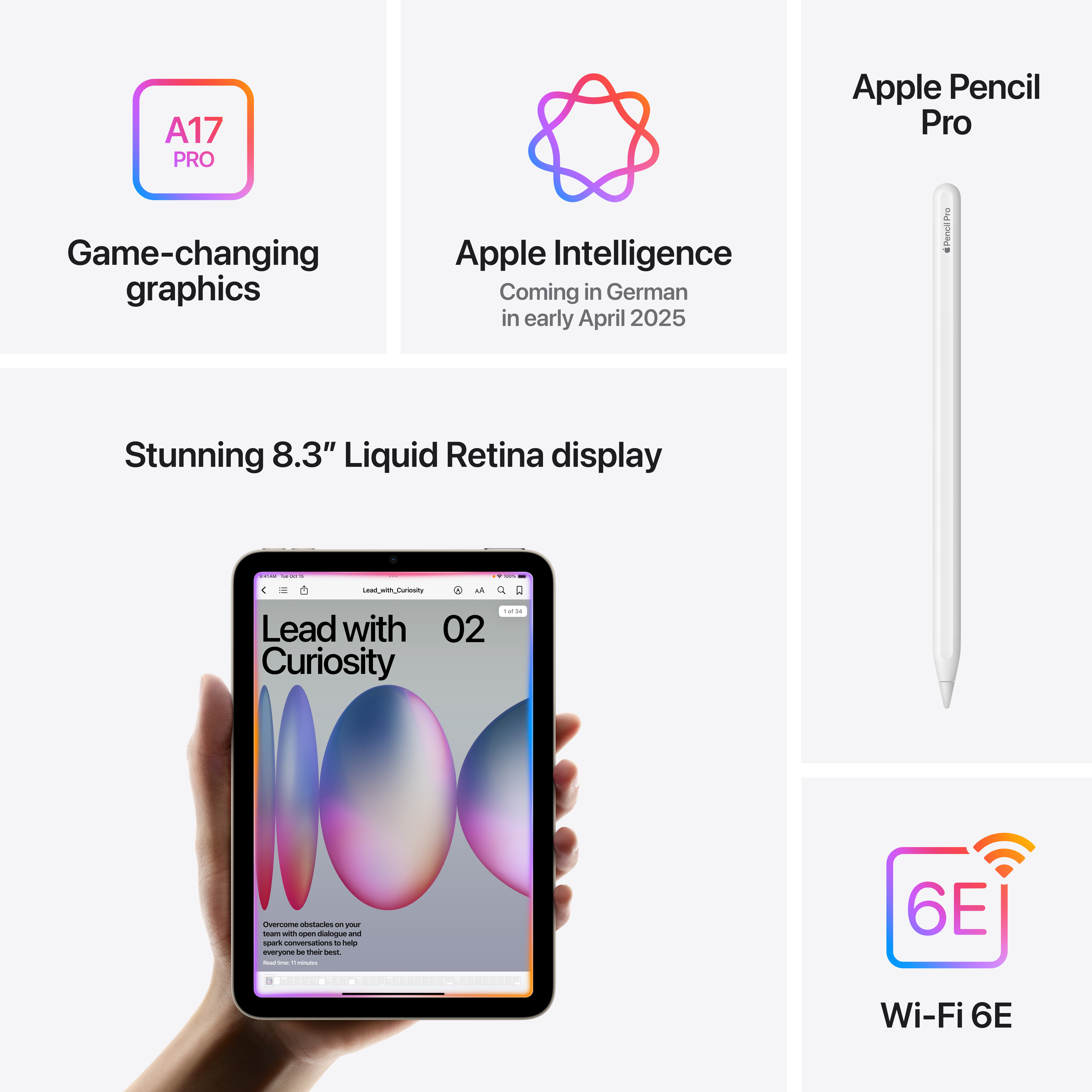 Un tablet con testi e grafica. Mostra uno schermo con Apple Pencil e altri elementi correlati.