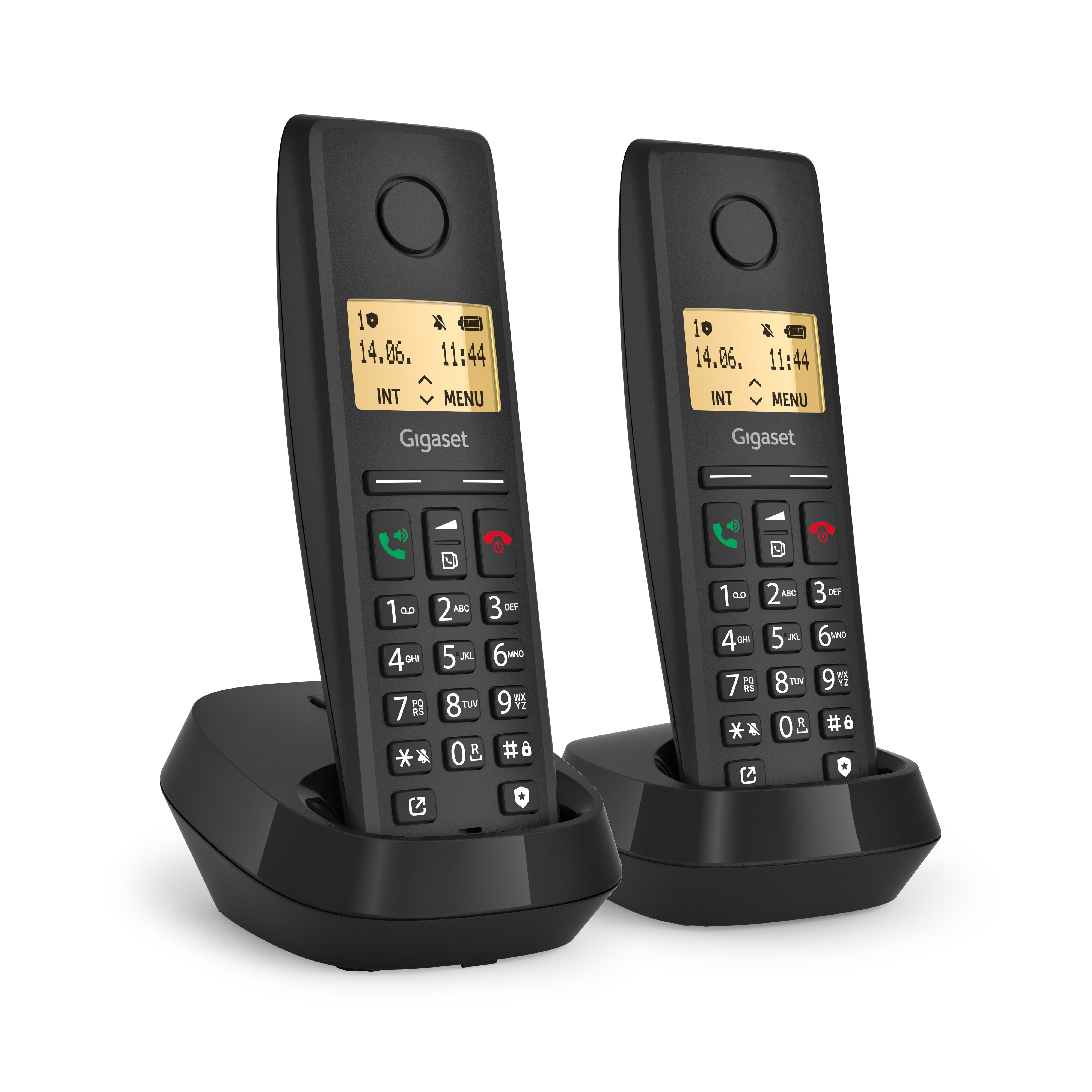 Dwa czarne telefony bezprzewodowe z wyświetlaczami na podstawach, pokazujące godzinę i logo marki.