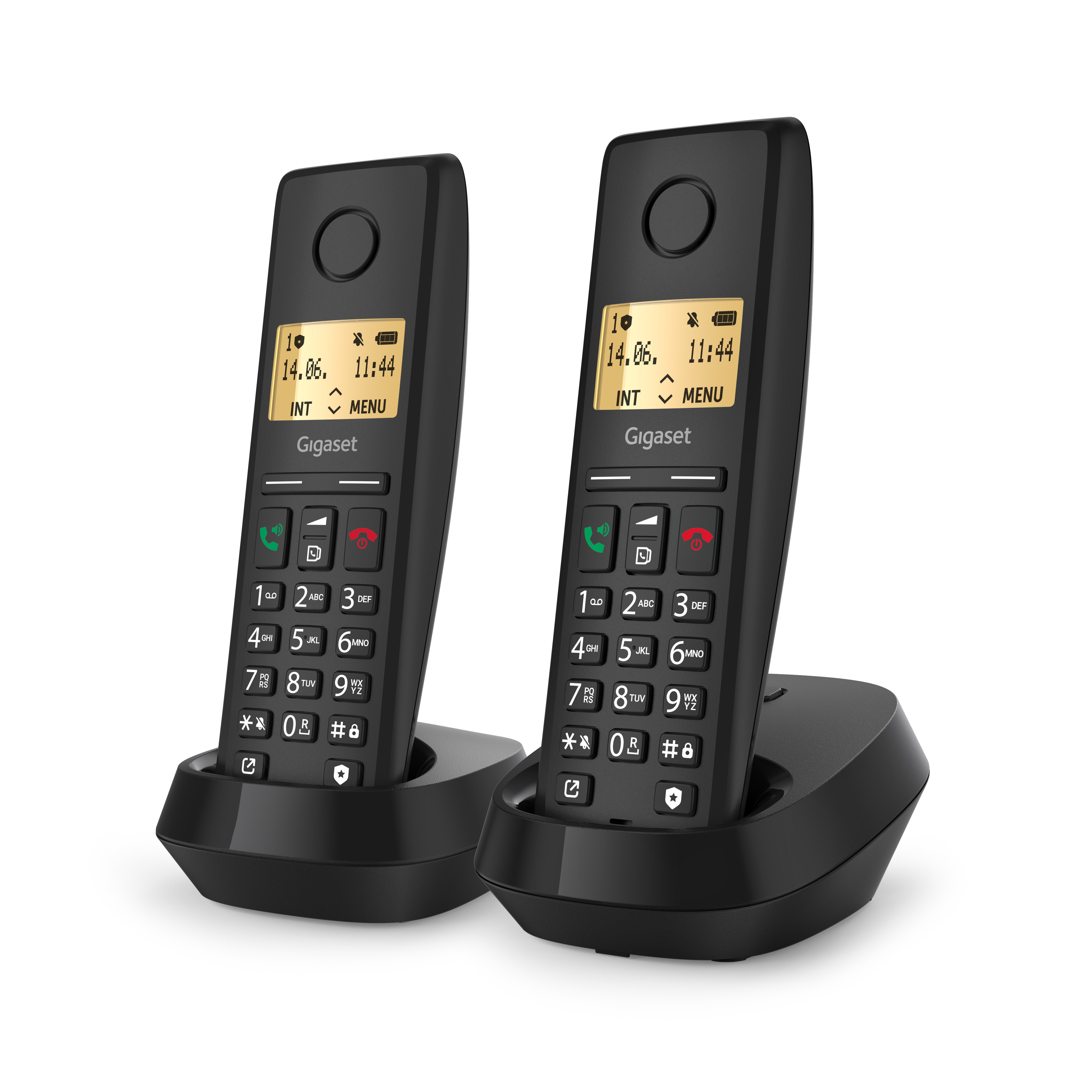 Dwa czarne telefony Gigaset na stacjach ładujących. Każdy wyświetla datę i godzinę. Widoczne przyciski.