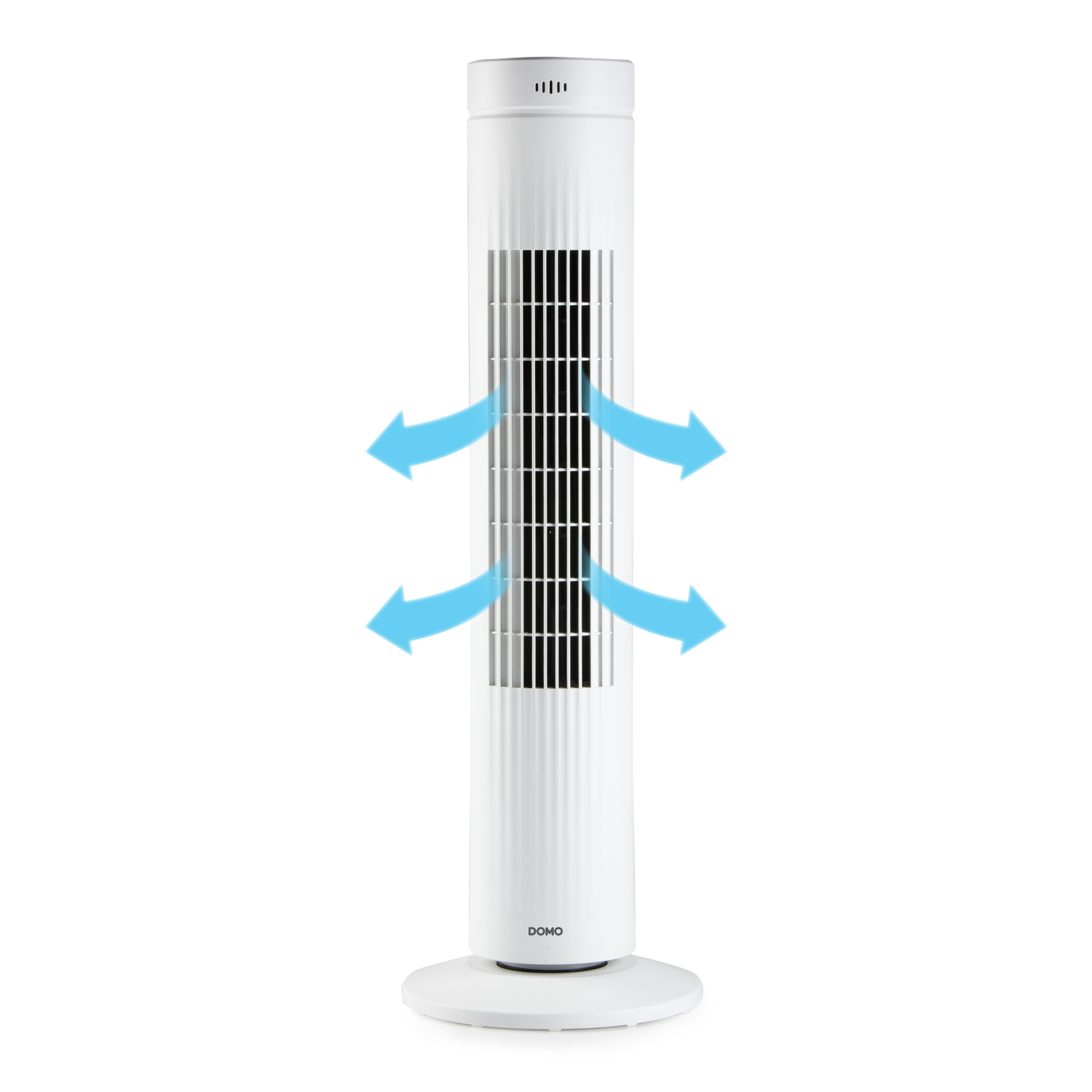 Witte torenventilator met blauwe pijlen die de luchtstroom aangeven, op een wit oppervlak.