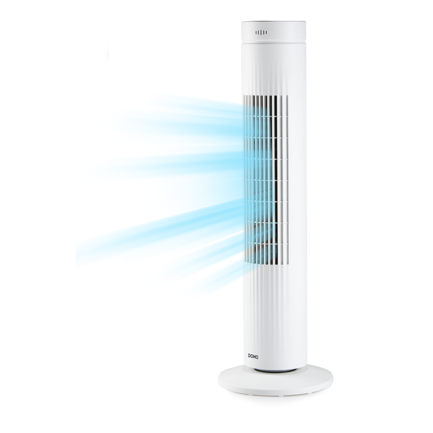 Witte torenventilator met blauwe luchtstroom. Witte achtergrond.