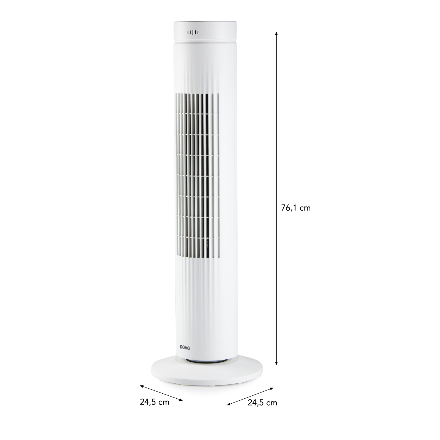 Hoge witte torenventilator met afmetingen getoond. Het heeft een ronde basis.
