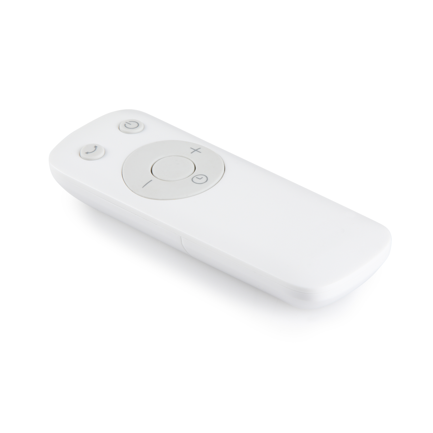Een witte afstandsbediening met drie knoppen bovenop en een ronde knop in het midden.