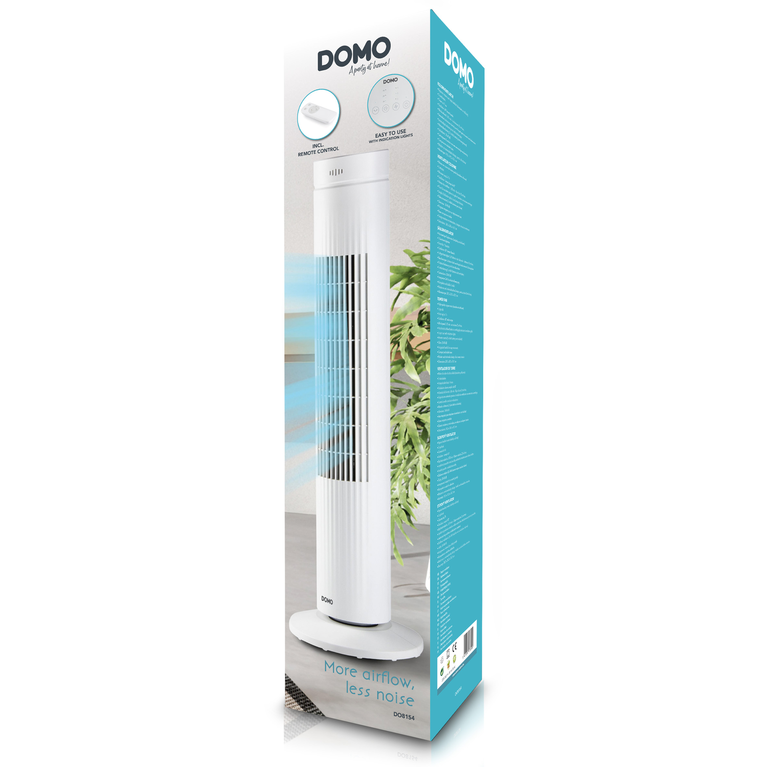Witte torenventilator op witte basis, merk DOMO, blauwe illustratie luchtstroom, groene plant.