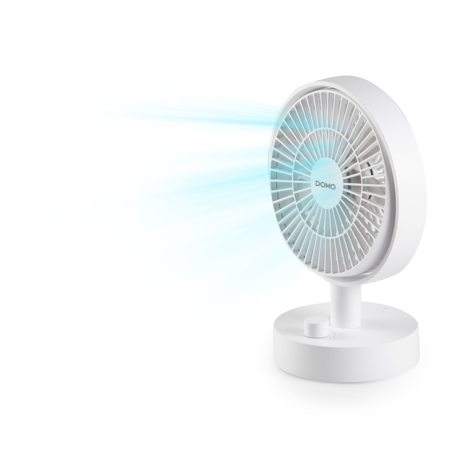White fan with blue light coming out of it. The background is white.