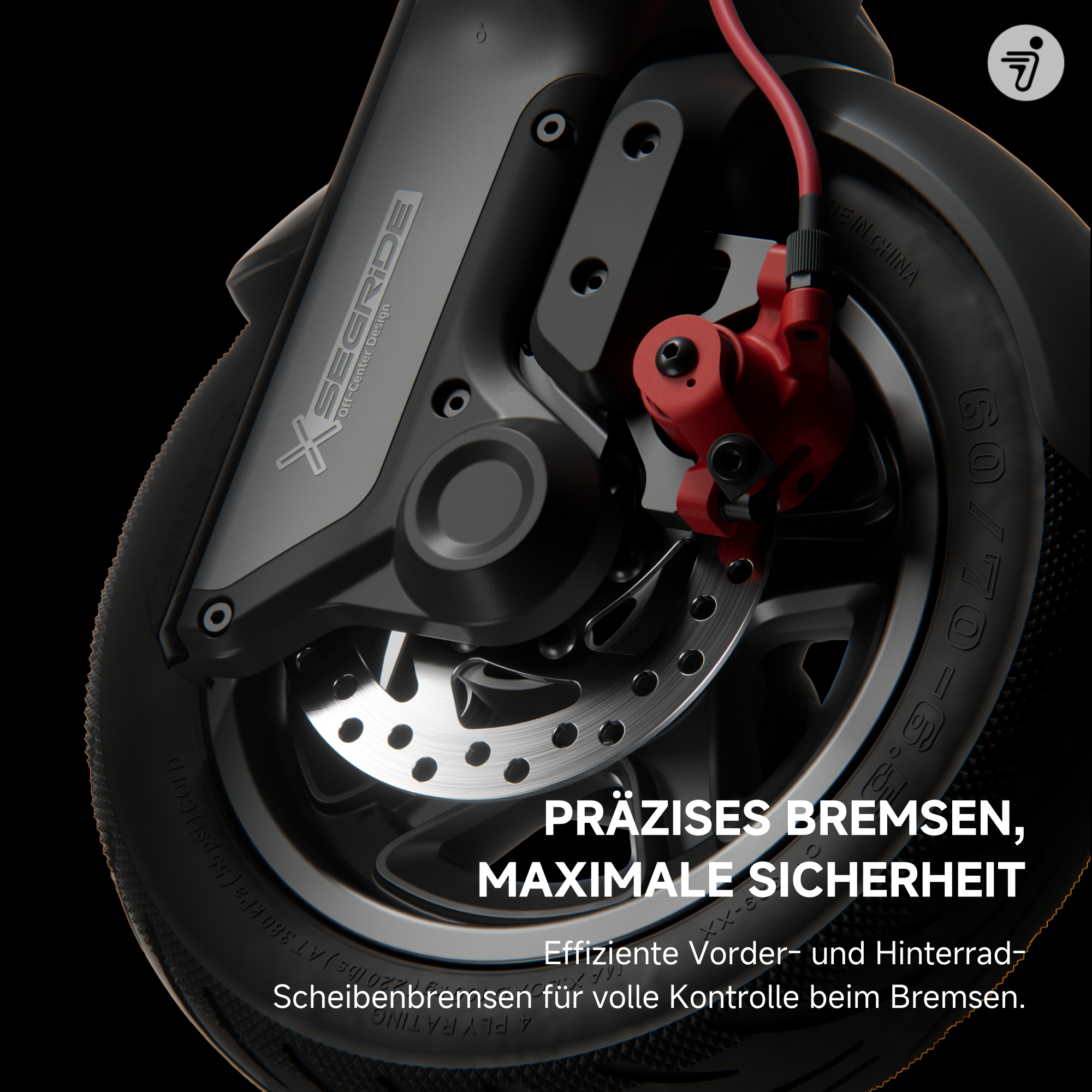 Nahaufnahme eines Roller-Rades mit Bremskomponenten. Text wirbt für sicheres und präzises Bremsen.