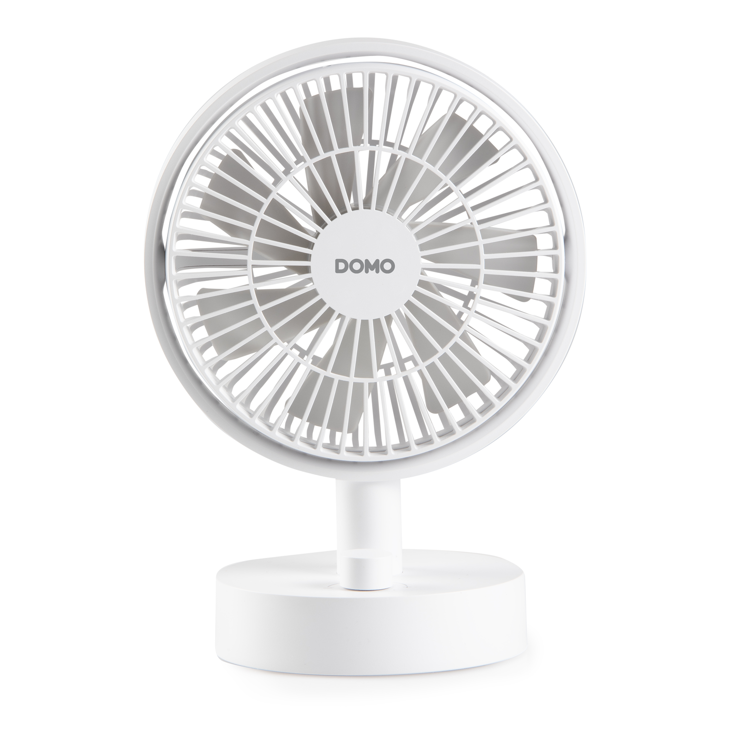 White desktop fan with a circular design. It has a base and a fan head.