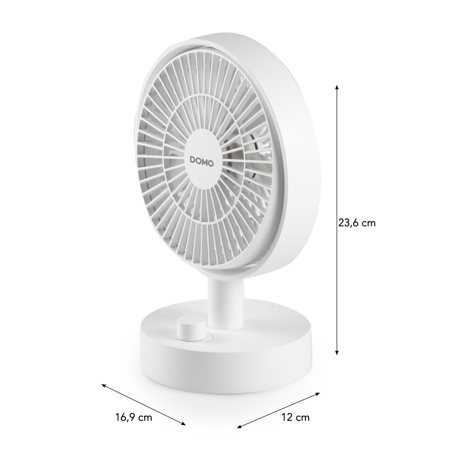 A white, circular desk fan with a dial and dimensions indicated in centimeters.