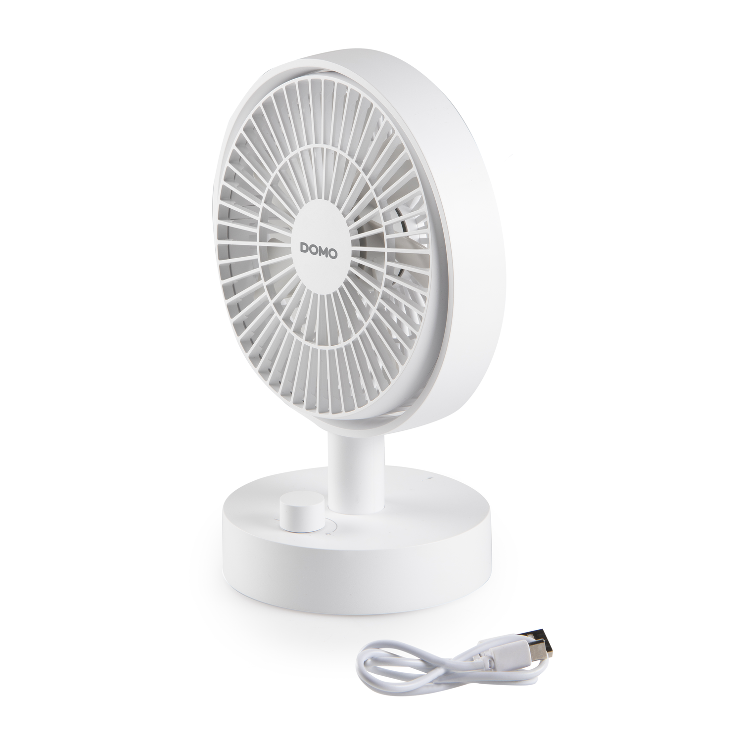 White portable fan with a round base and a USB cable.