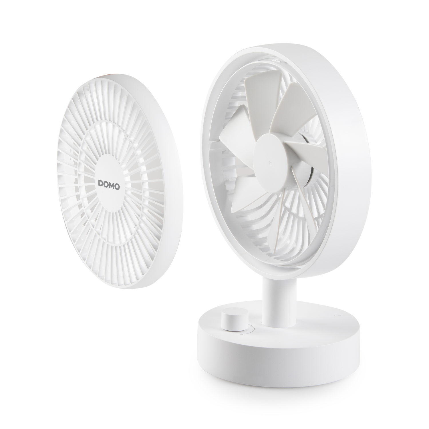 White fan, with detached front cover. Fan blades are visible. DOMO logo on the detached cover.