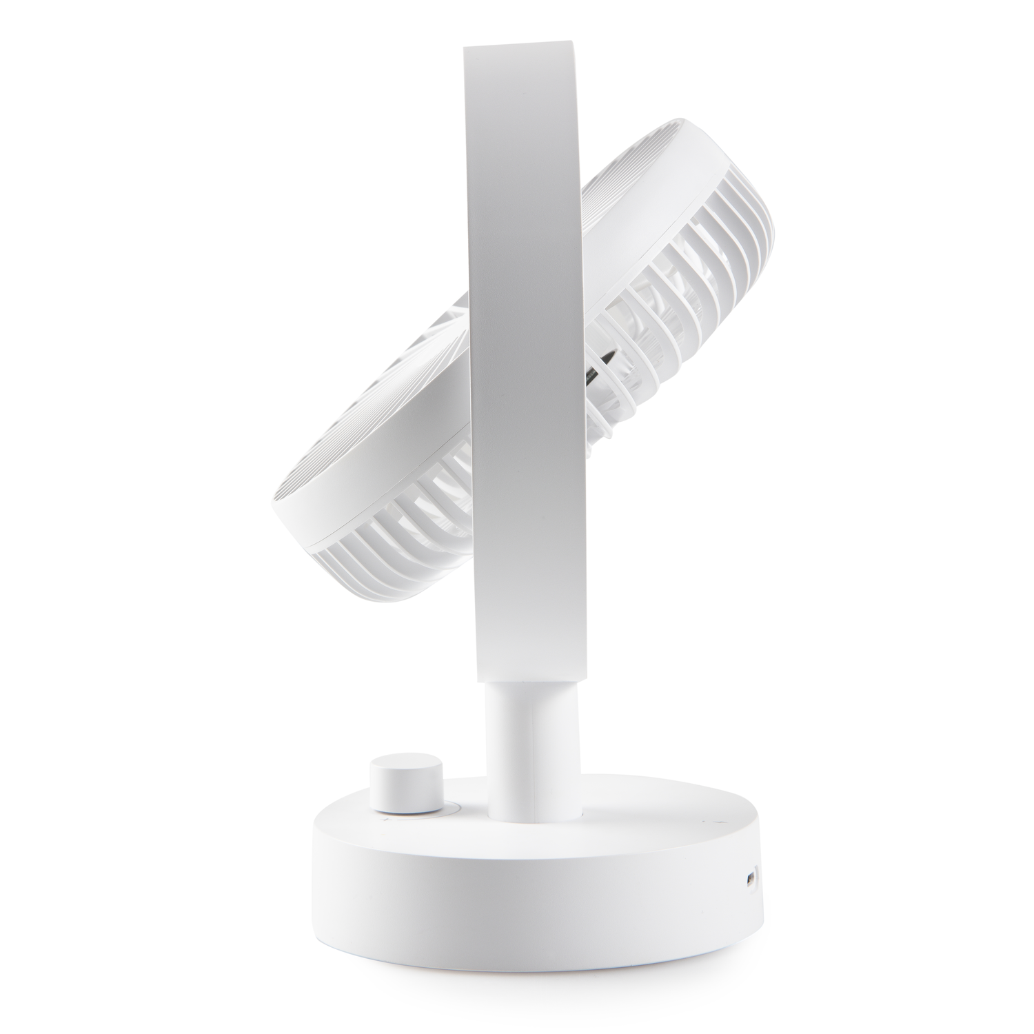 A white desk fan with a circular base, adjustable fan, and a control knob on the base.
