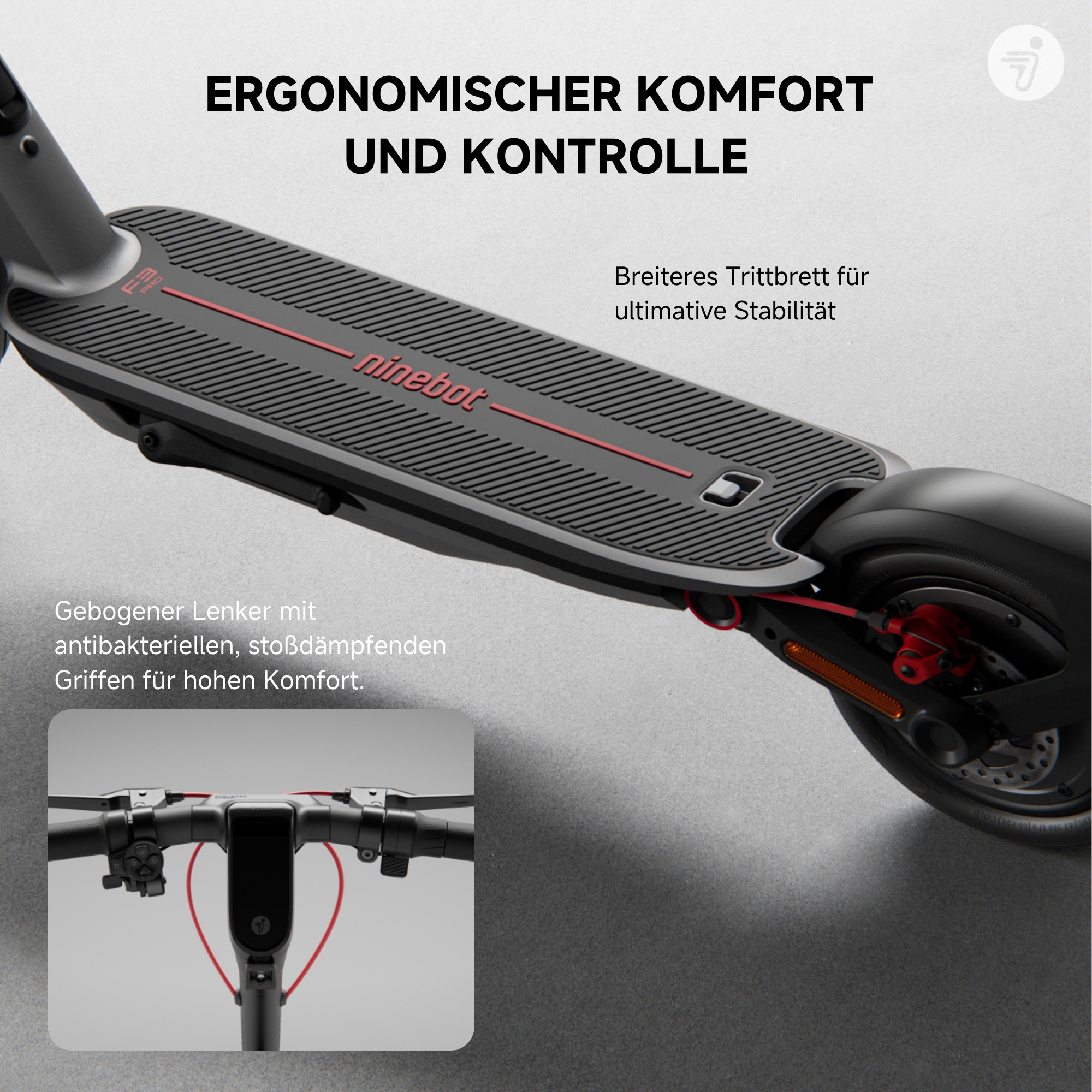 Nahaufnahme der Segway Ninebot F3 Pro Rollerplattform, mit Funktionen und Text.