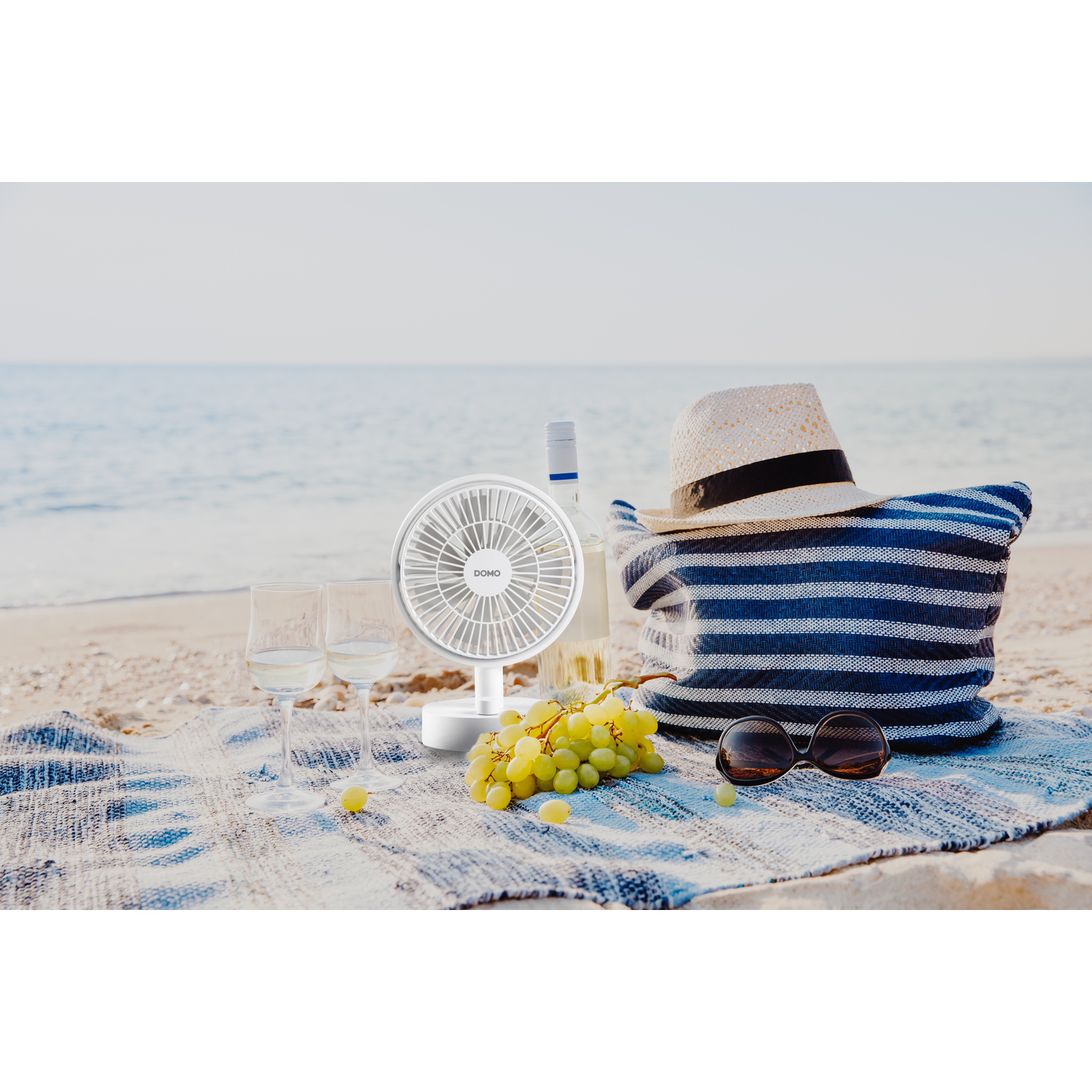A white fan on a beach with a beach bag, sunglasses, and grapes. The ocean is in the background.