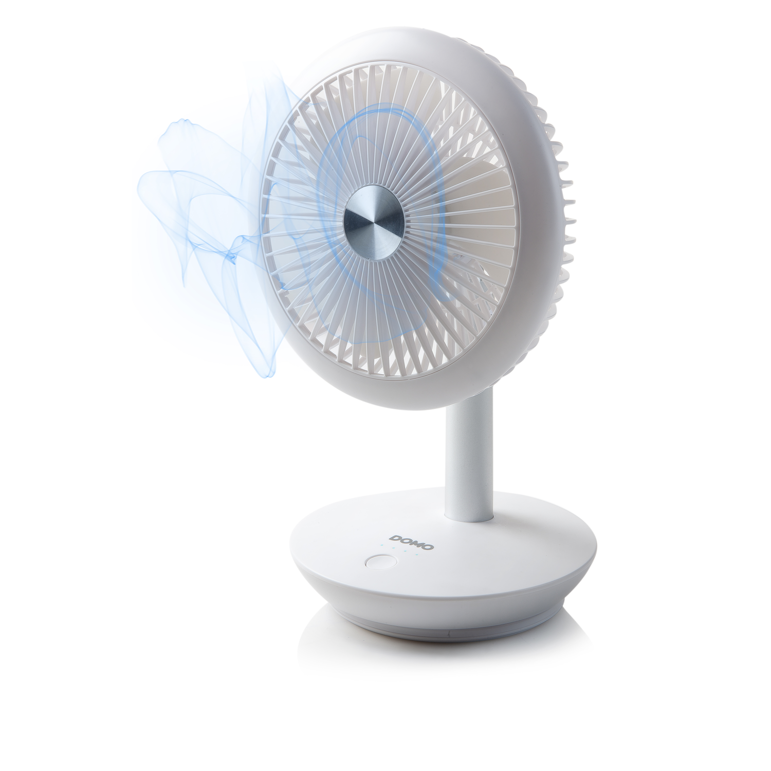 White desk fan with a blue, swirling air effect. The fan is on a white base.